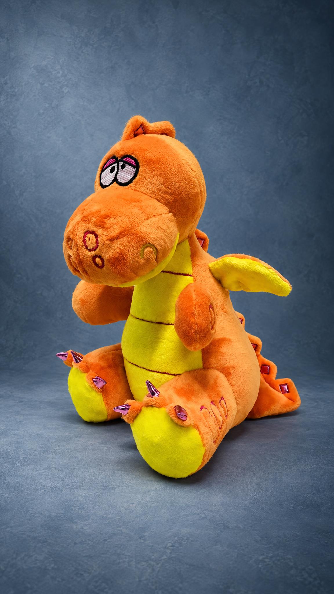 Orange dragon plush replica of a lost toy sitting with lime wings and embroidered sleepy eyes, custom made