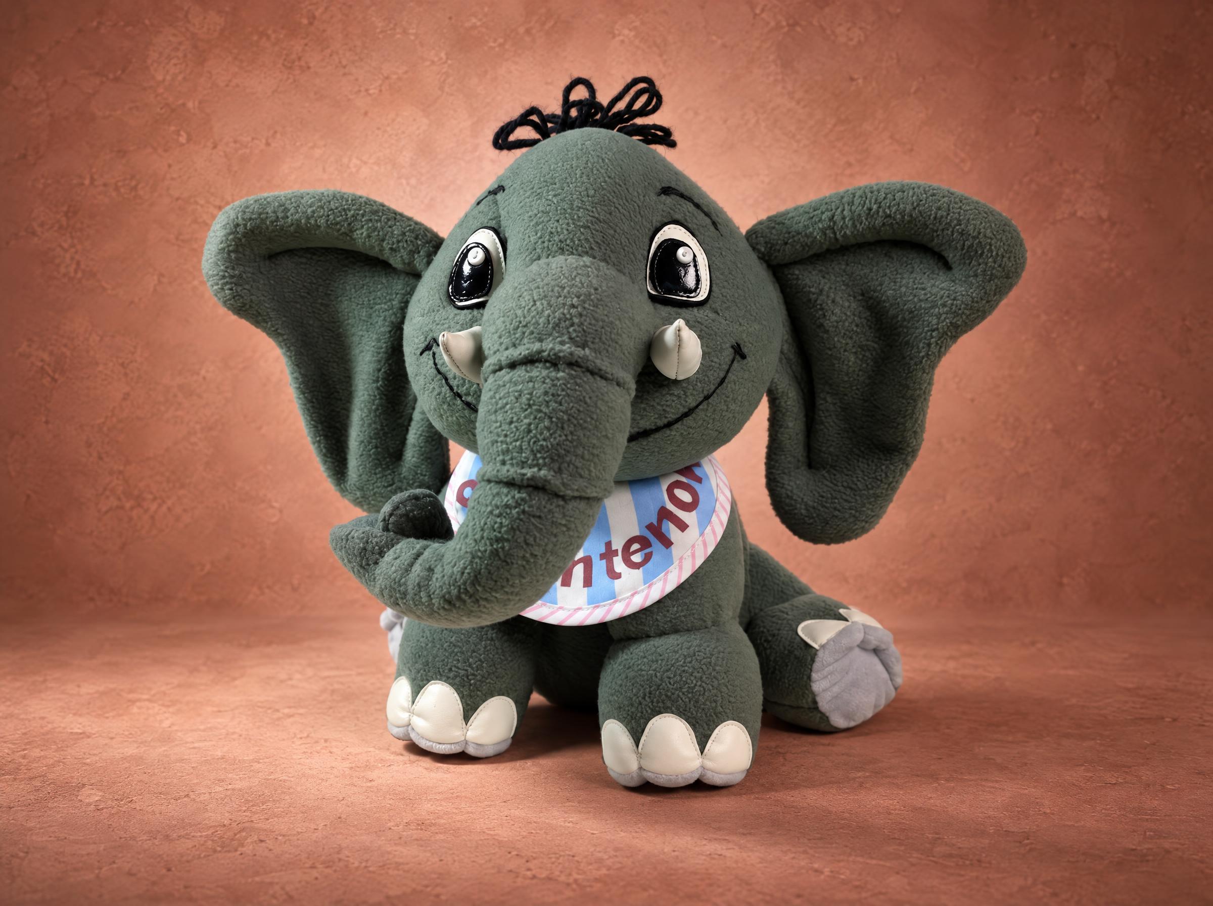 Custom elephant plush sewn to order from a picture: grey baby elephant with big ears and a striped name bib
