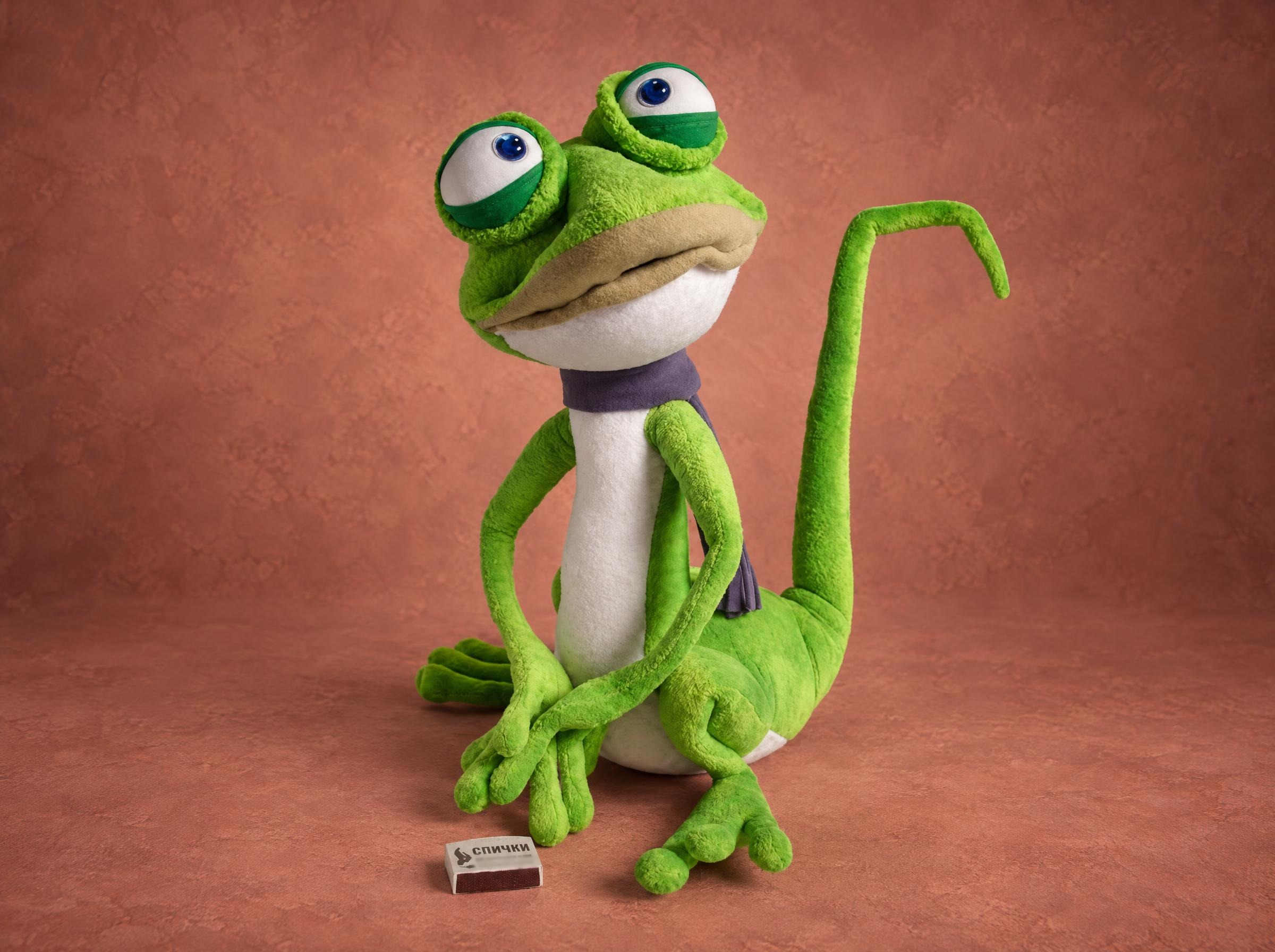 Custom frog plush with a curled lizard tail, big heavy-lidded eyes and a purple scarf, handmade to order