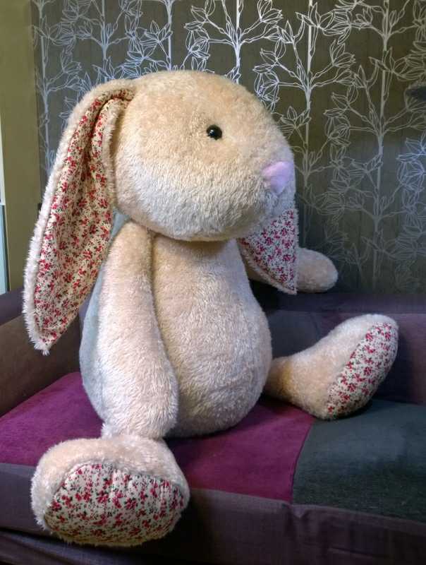 Custom giant stuffed bunny Custom giant stuffed bunny, handmade to order: floppy ears lined in floral print, peach faux fur, pink nose