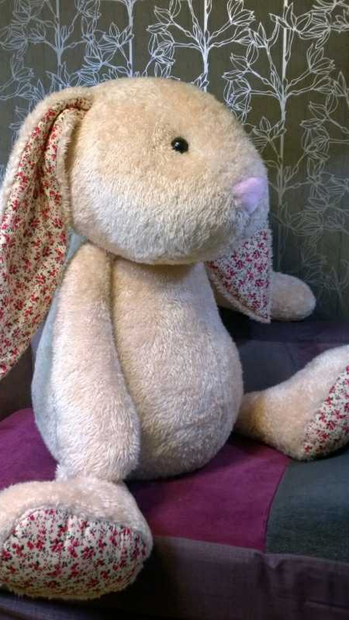 Custom giant stuffed bunny, handmade to order: floppy ears lined in floral print, peach faux fur, pink nose
