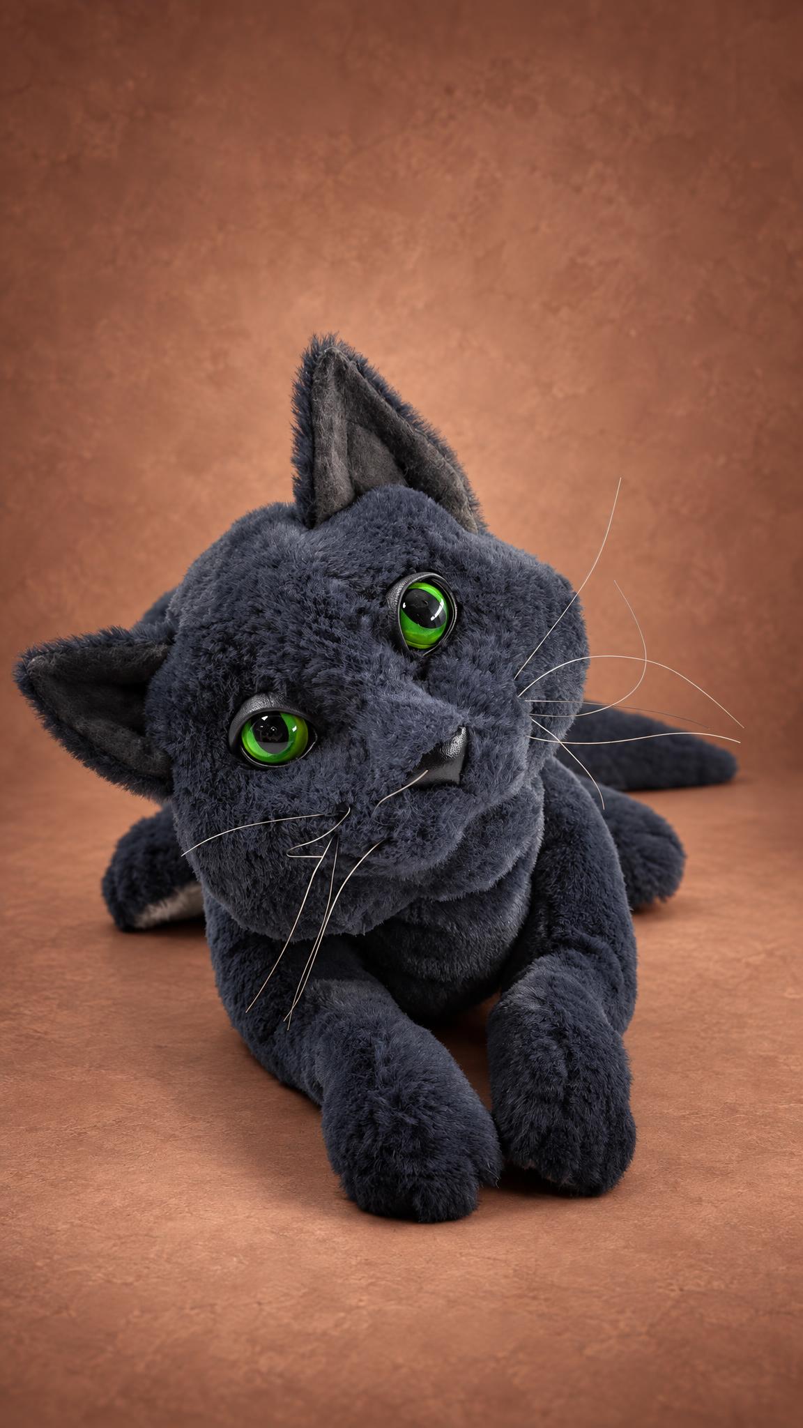 Custom grey cat plush from pet photos, green eyes and white whiskers, head tilted up, handmade to order