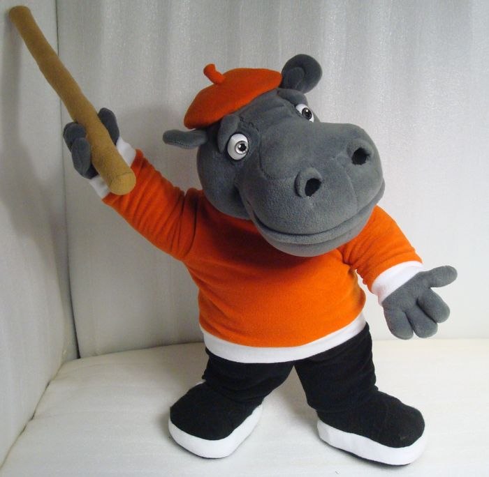 Custom hippo plush from Nu, Pogodi! Custom hippo plush from the Soviet cartoon Nu, Pogodi!, sewn to order in 2012: orange sweater, beret, cane