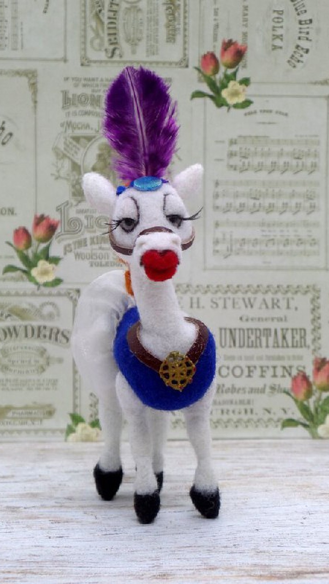 Custom horse plush Angela made to order, big red painted lips, sleepy lashes and a gold medallion on blue