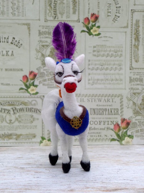 Custom horse plush Angela with red lips Custom horse plush Angela made to order, big red painted lips, sleepy lashes and a gold medallion on blue