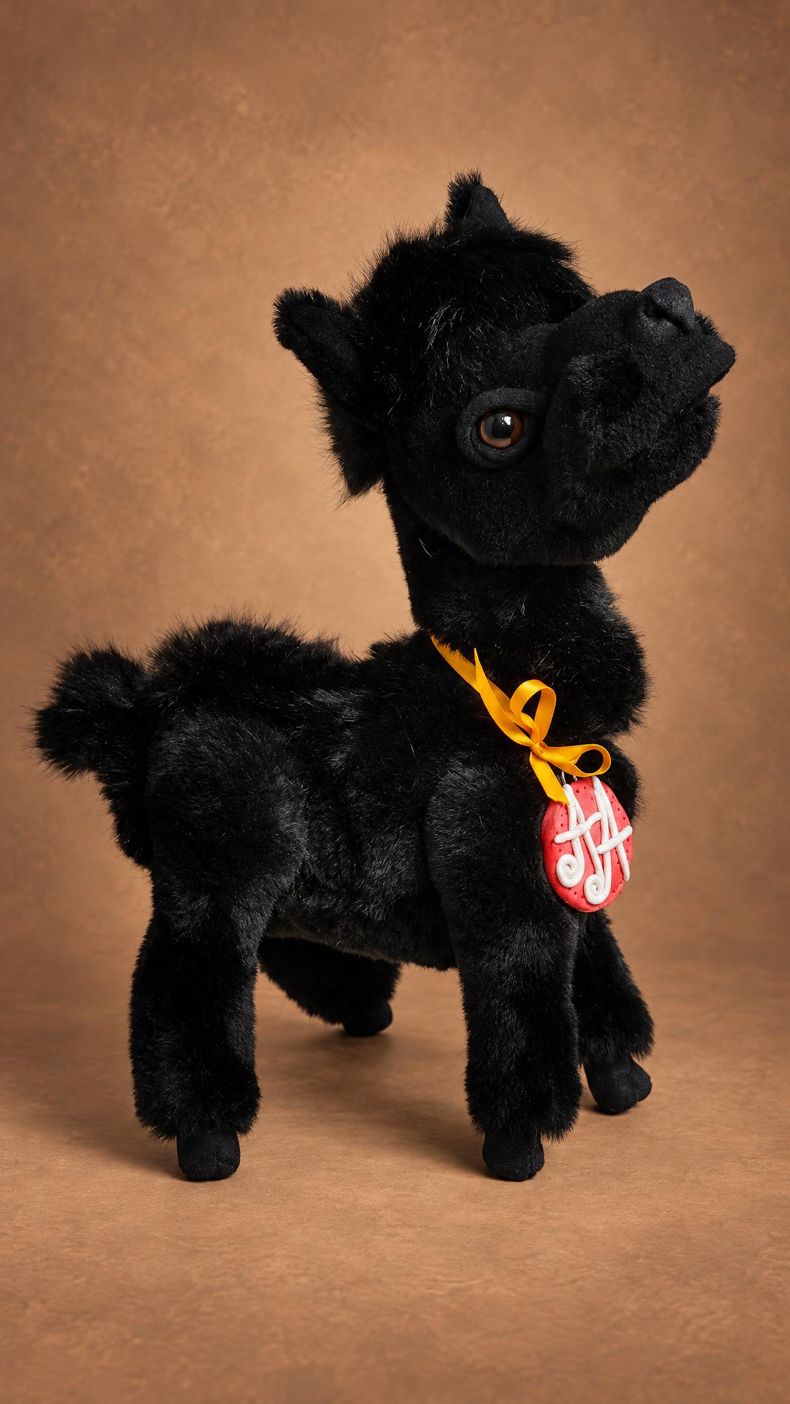 Custom llama plush from a photo: black faux fur llama with a long neck, thin legs and a pom-pom tail