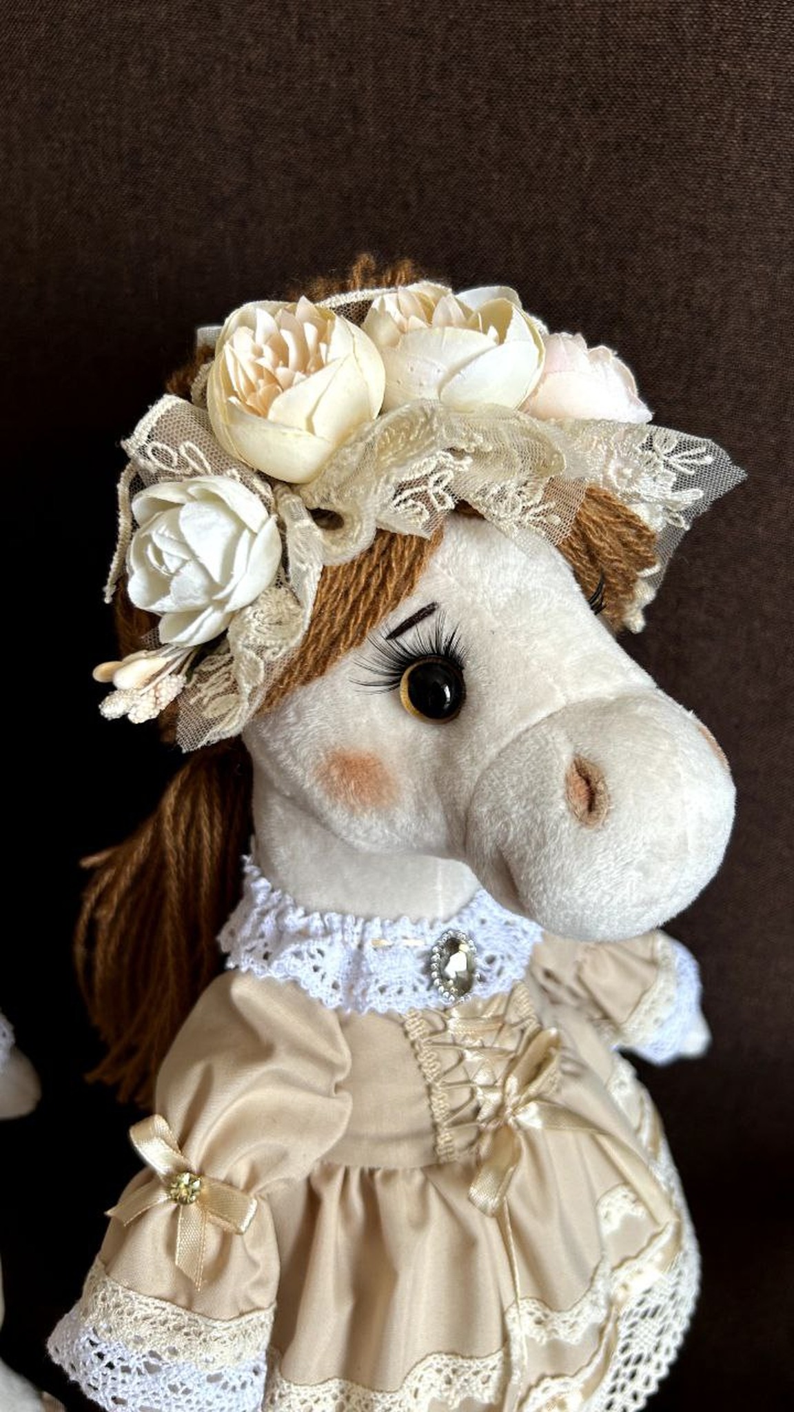 Custom mare plush with long lashes, pink cheeks and a flower hat, pastel ball dress, sewn to order