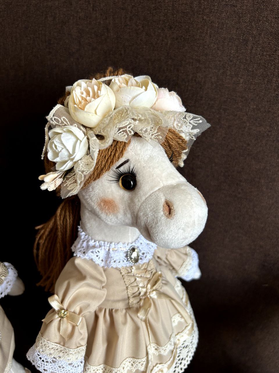 Custom mare plush in a pastel ball dress Custom mare plush with long lashes, pink cheeks and a flower hat, pastel ball dress, sewn to order