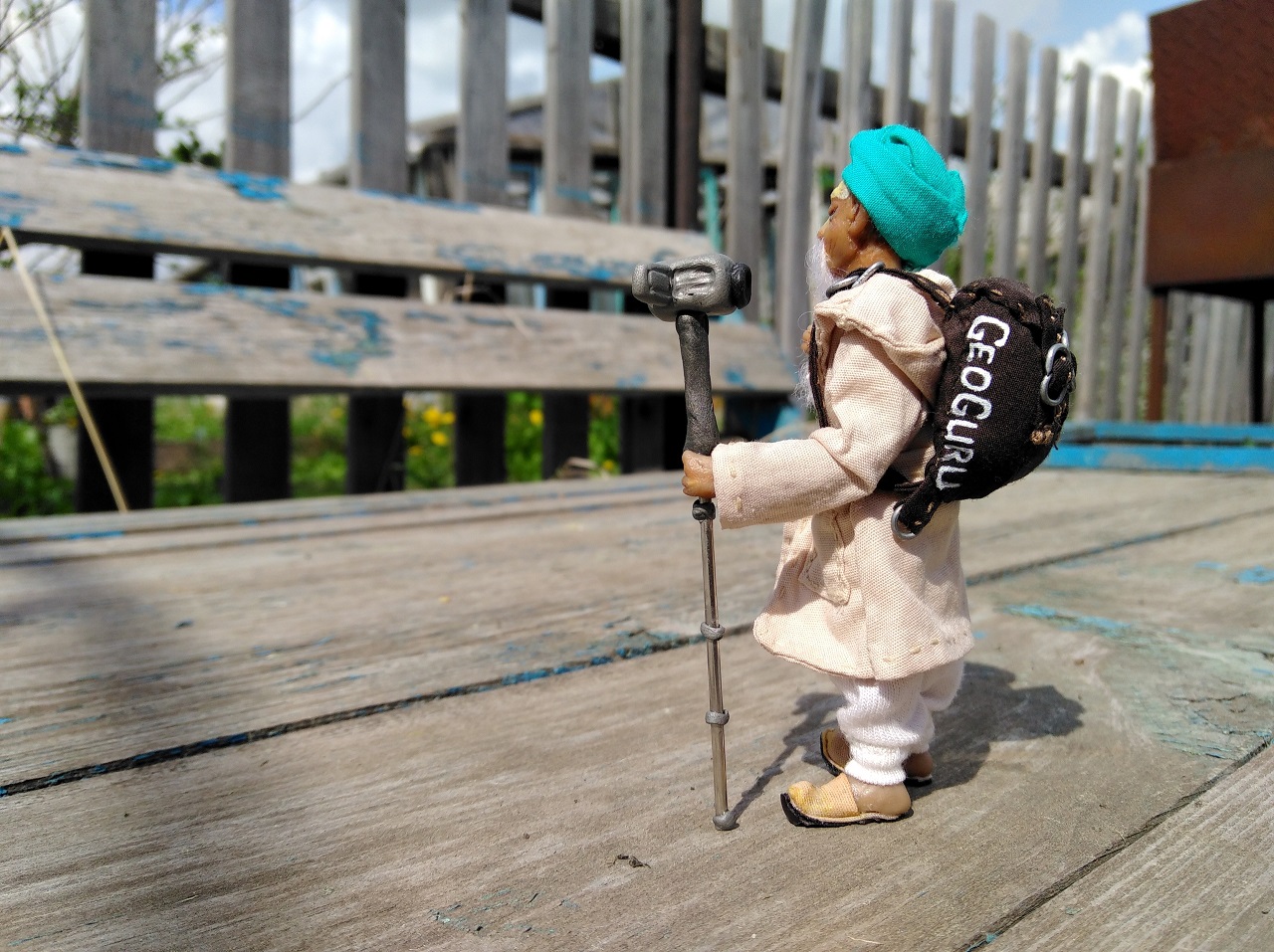 Custom mascot doll with his brand backpack Custom mascot doll of a traveler with an embroidered brand backpack and camera pole, handmade to order