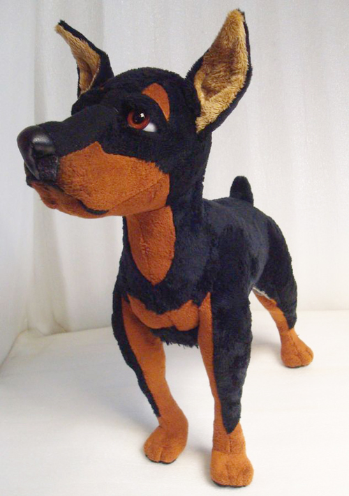 Custom miniature pinscher stuffed animal Custom miniature pinscher stuffed animal sewn to order: rust brows and chest, brown glass eye, docked tail