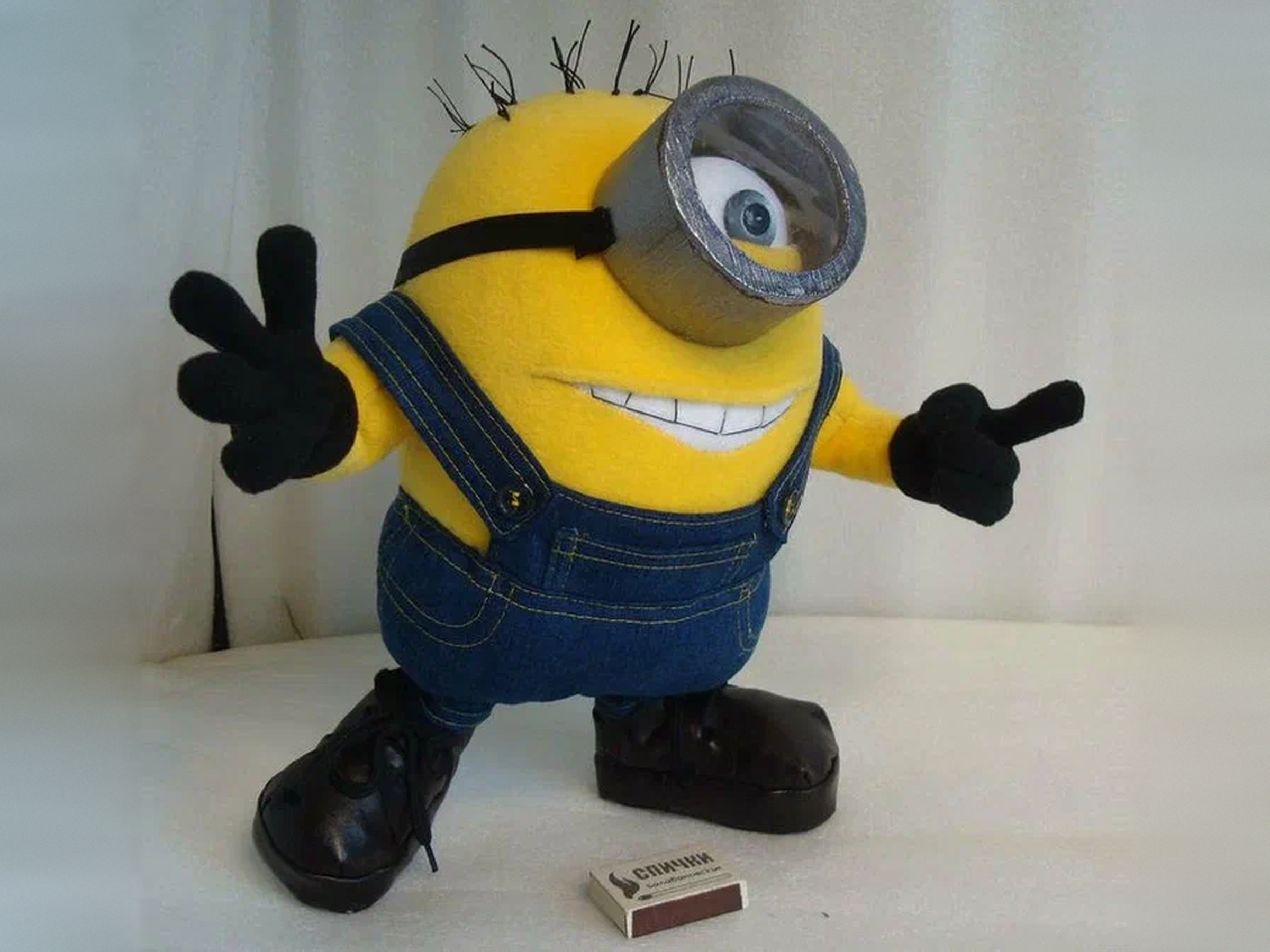 Custom Minion plush with one big eye, silver goggle and denim overalls, sewn by hand to order