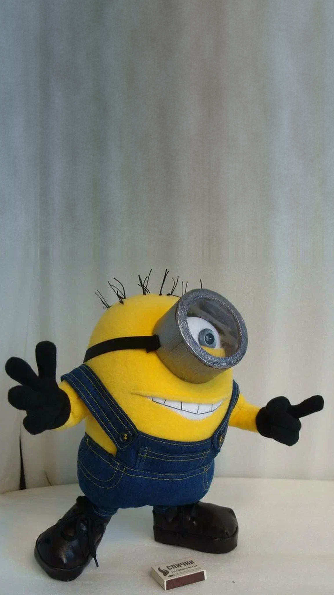 Custom Minion plush with a silver goggle, toothy grin and a peace sign, handmade Despicable Me toy to order