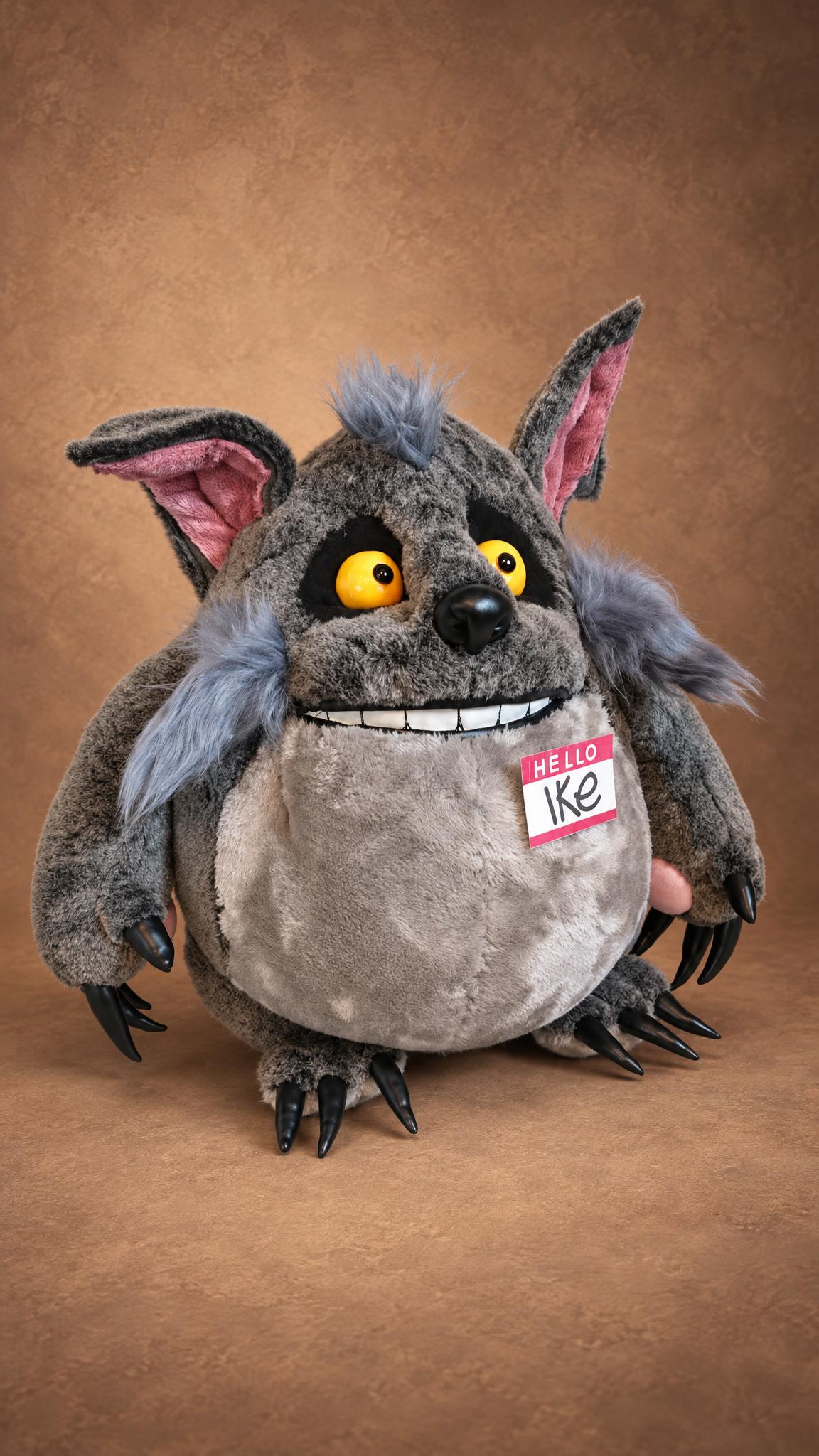 Ike monster wolf plush in shaggy grey faux fur with pink ear lining and a toothy grin, handmade to order
