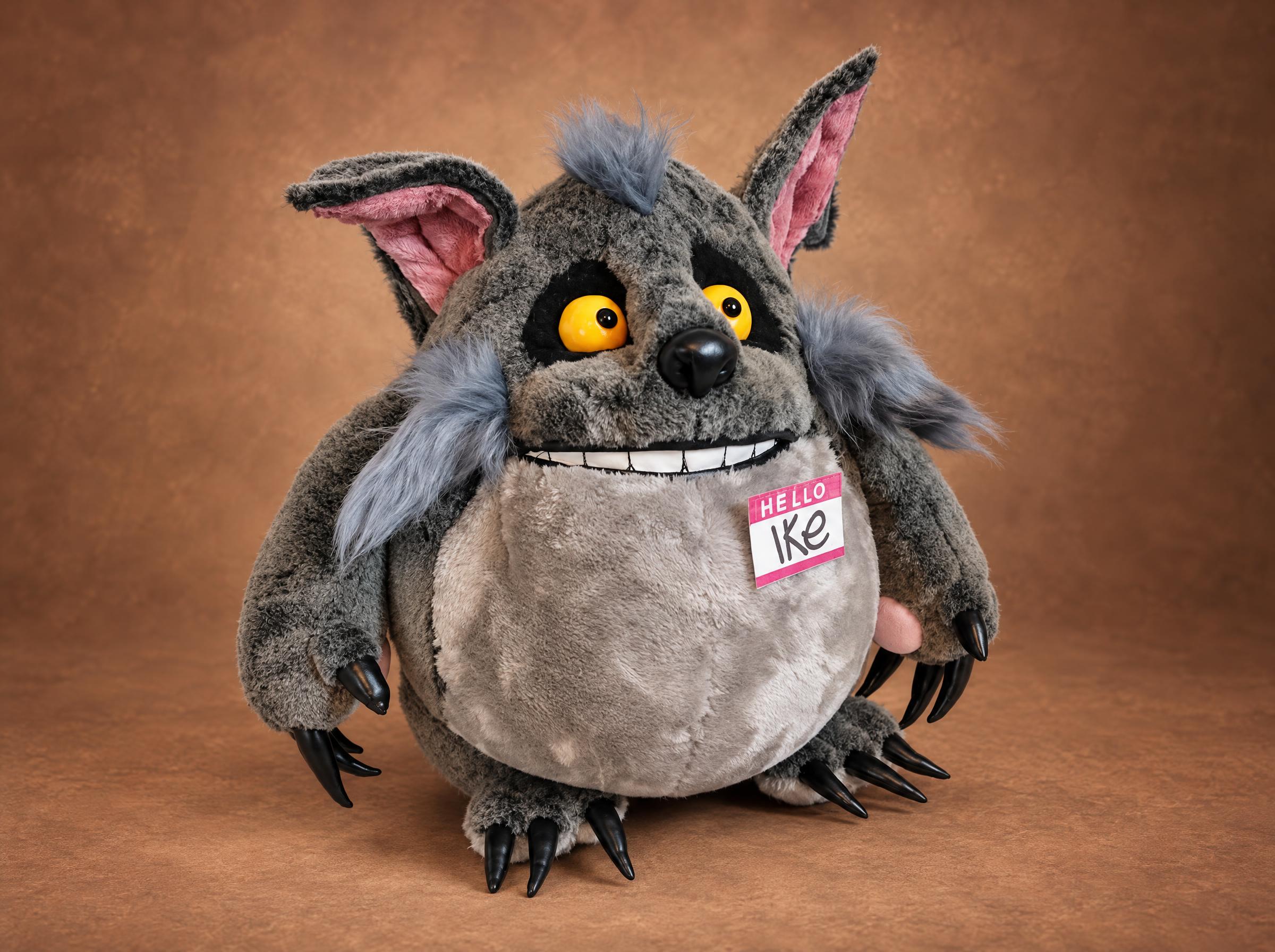 Custom monster plush Ike: chubby grey wolf with yellow eyes, long black claws and a HELLO name badge, made to order