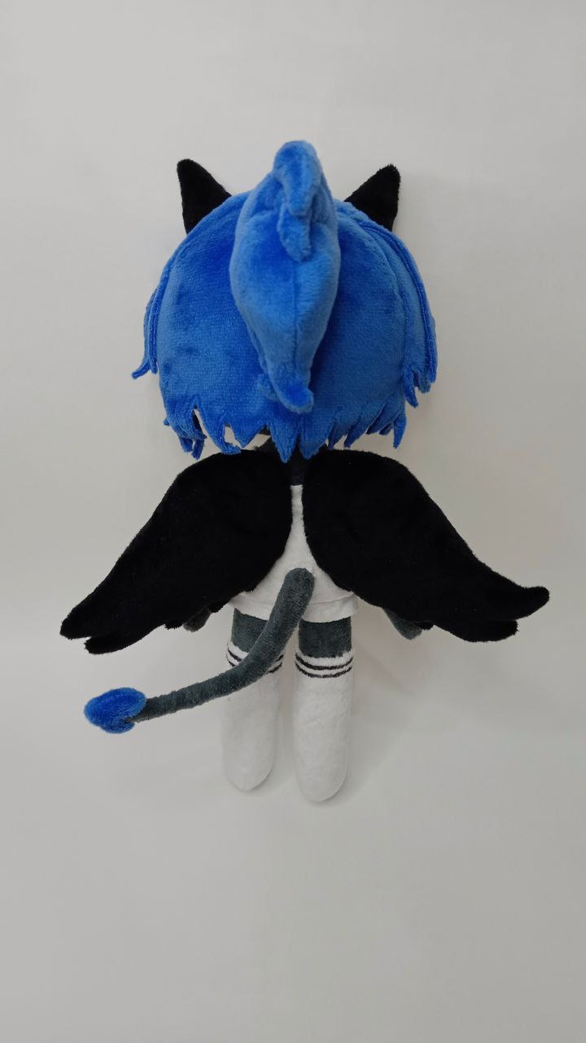Custom OC doll Kayla sewn to order, blue ponytail, black wings and a demon tail with a blue heart tip