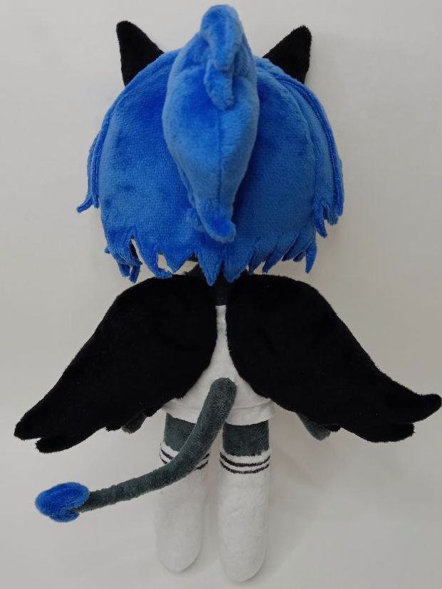 Custom OC doll Kayla, ponytail and wings Custom OC doll Kayla, made to order: blue ponytail, black feathered wings, demon tail with a blue heart