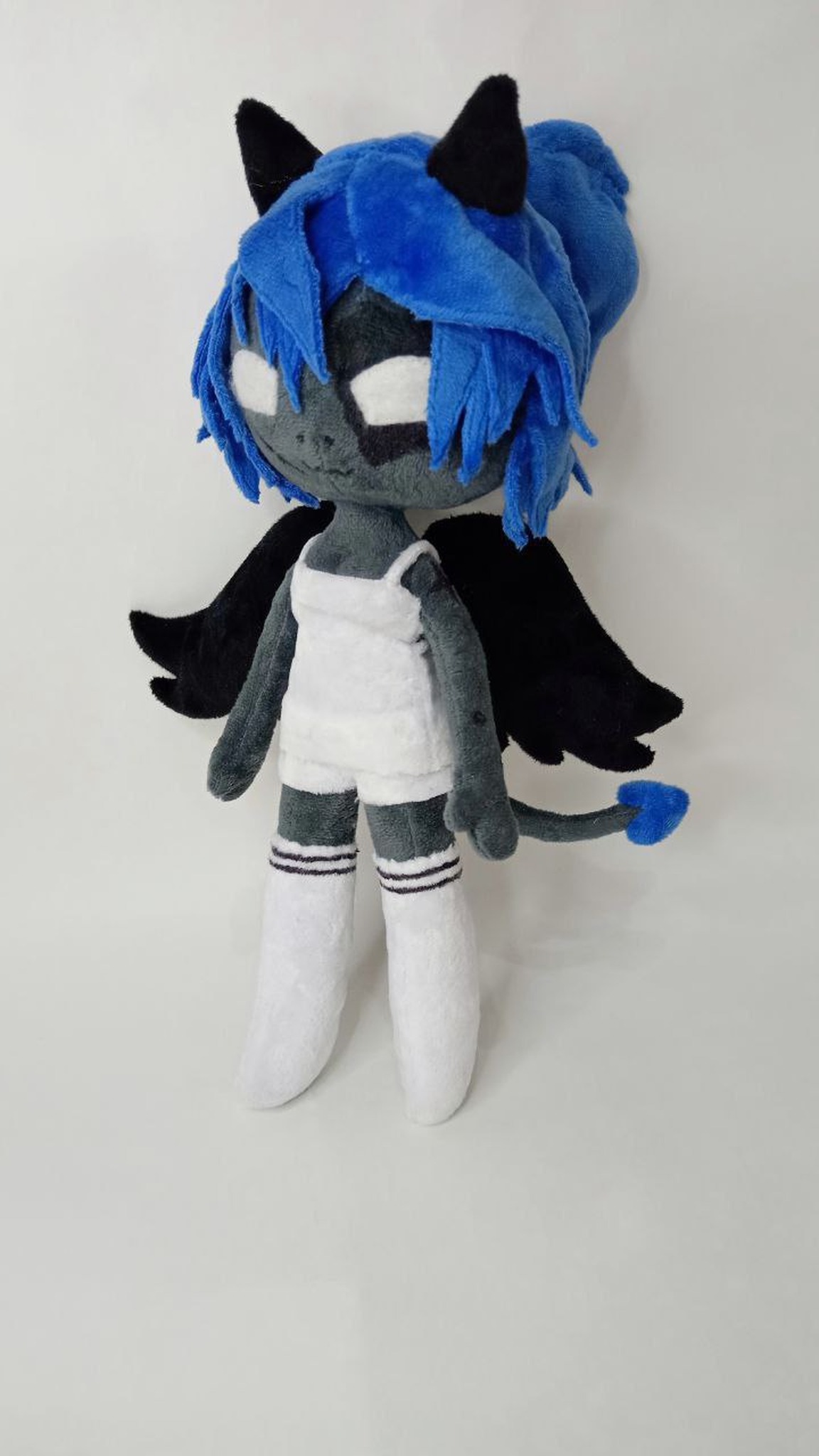 Custom OC plush doll Kayla made to order, demon girl with blue hair, black horns and black feathered wings