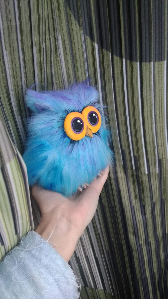 Custom owl plush keychain with clay eyes Custom owl plush keychain, handmade to order: long blue faux fur, lilac tips, round orange polymer clay eyes