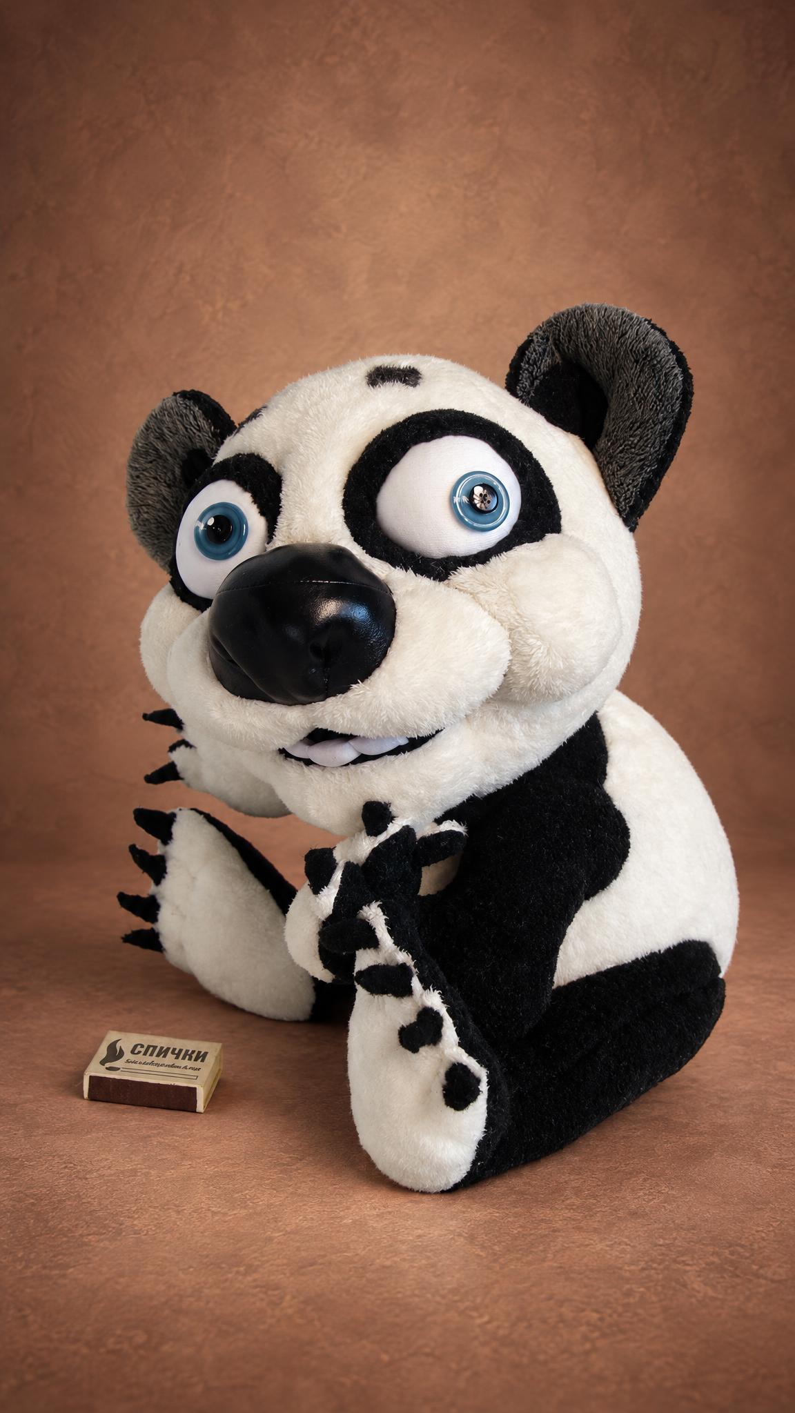 Cartoon panda plush made to order from a sketch: black and white faux fur, clasped paws with black claws