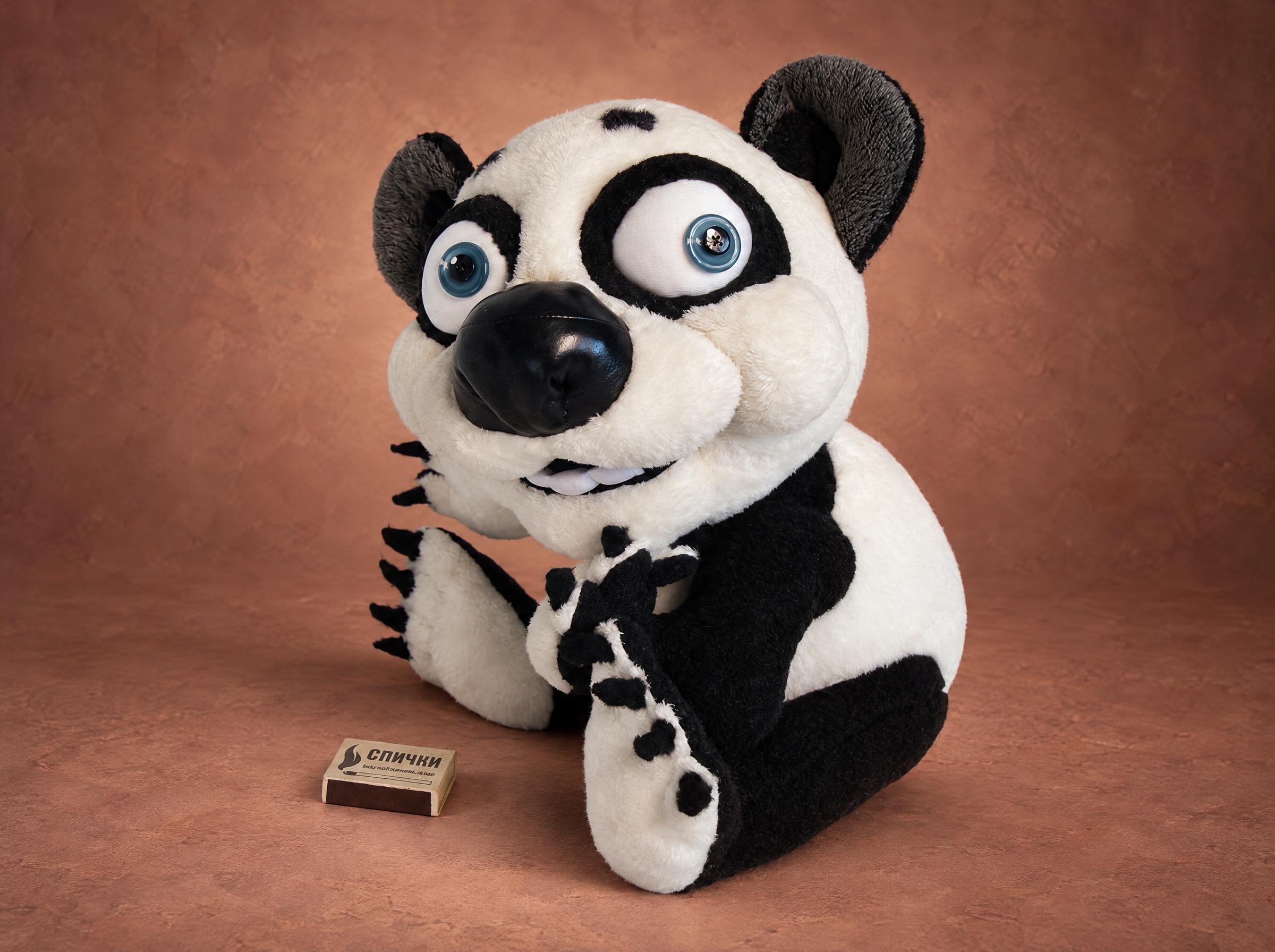 Custom panda plush handmade to order from a drawing: blue button eyes, glossy black nose, two buck teeth