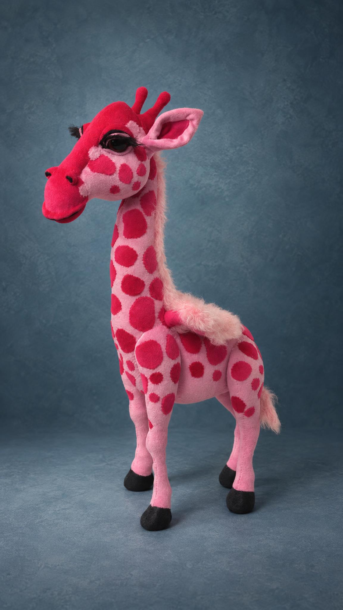 Custom pink giraffe plush sewn to order, standing tall with fluffy pink wings and a raspberry smiling muzzle