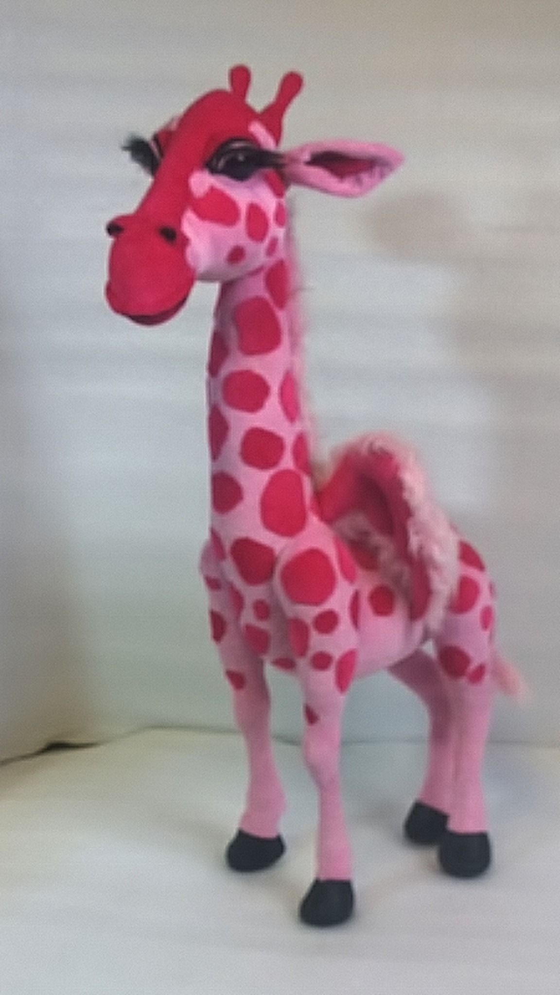 Custom pink giraffe stuffed animal sewn to order, raspberry head, long lashes and fluffy pink wings