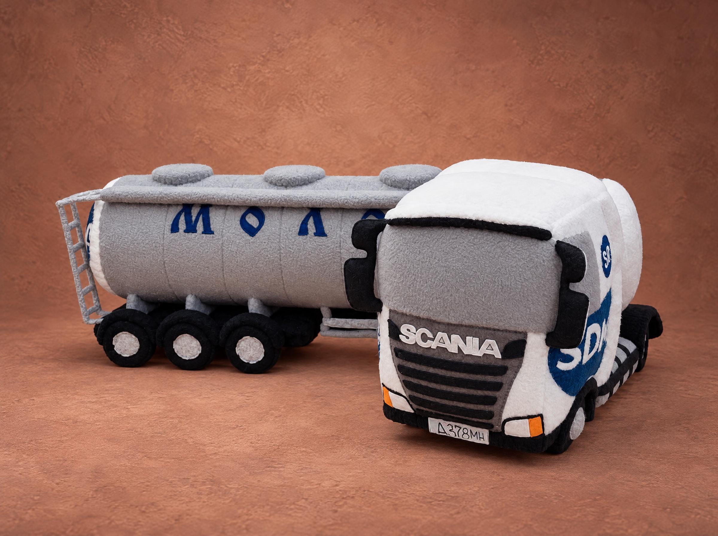 Custom plush truck with company logo: white cab and grey milk tank trailer, handmade to order