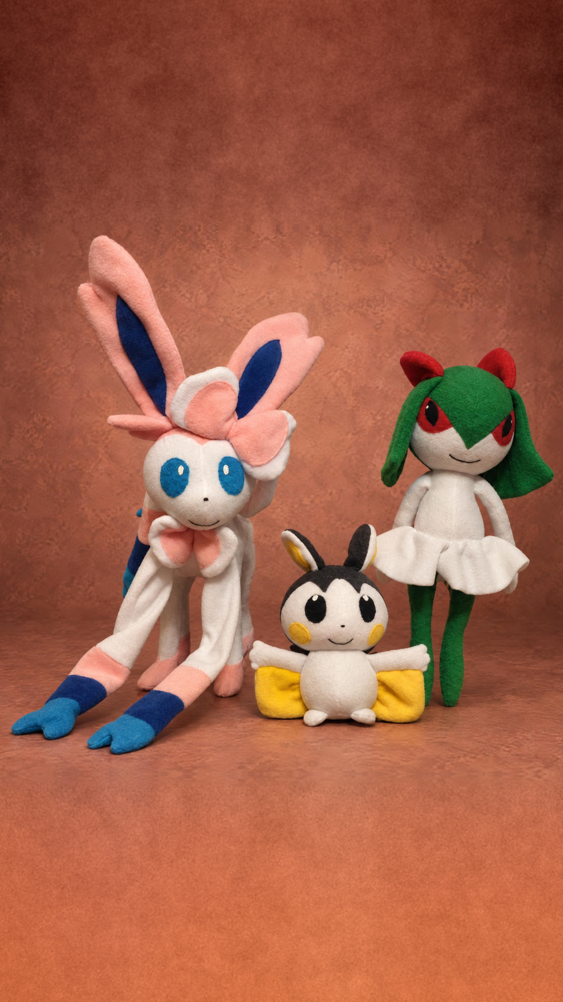 Handmade Sylveon, Emolga and Kirlia plush toys, a custom Pokémon set sewn to order for one fan