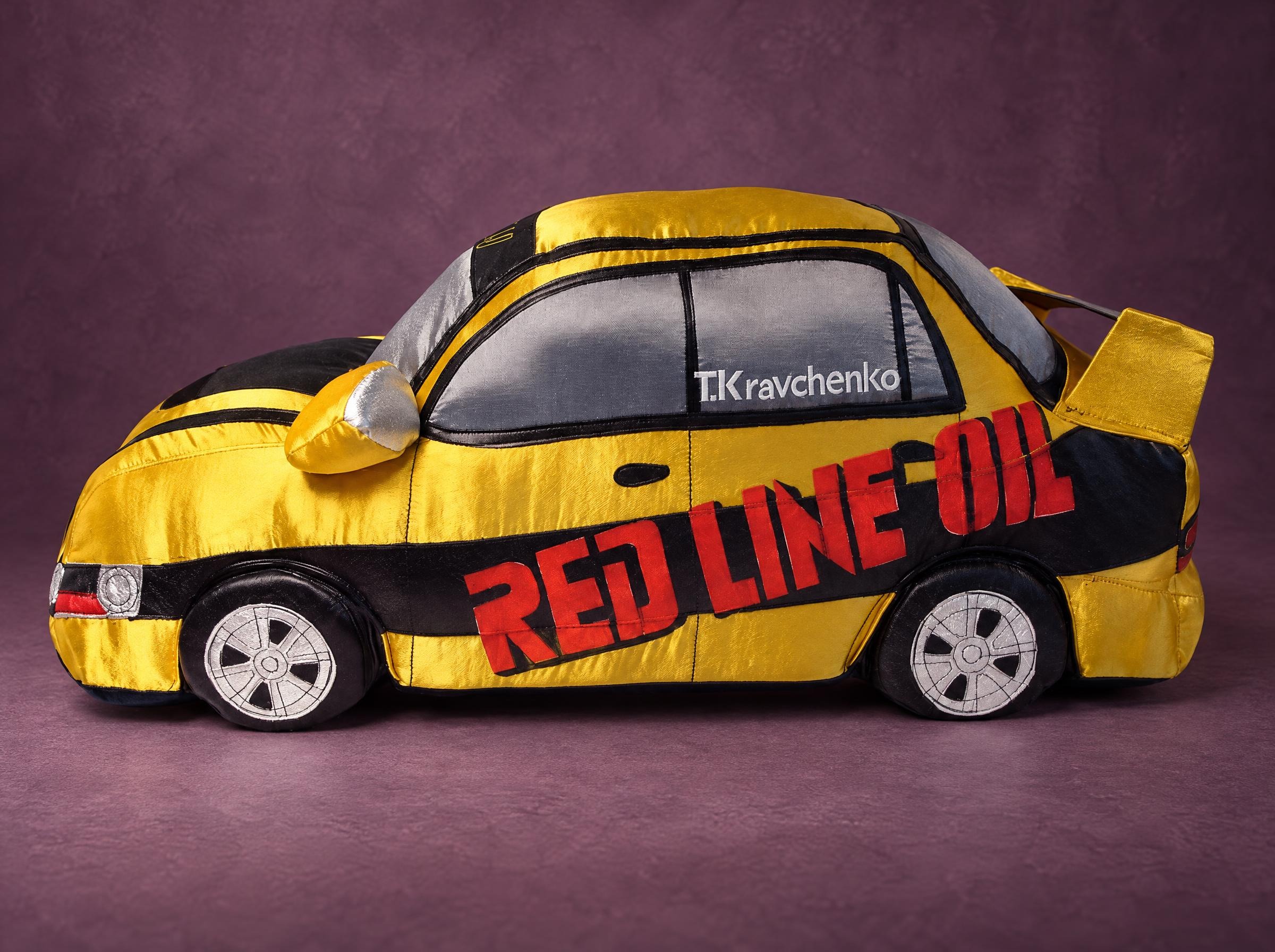 Custom rally car plush in yellow satin with Red Line Oil letters and T.Kravchenko on the window, made to order