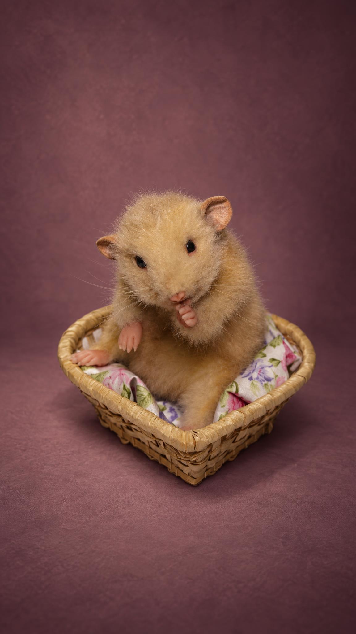 Beige rat plush sewn to order as a copy of a pet rat, pink paw raised to its nose in a flowered basket