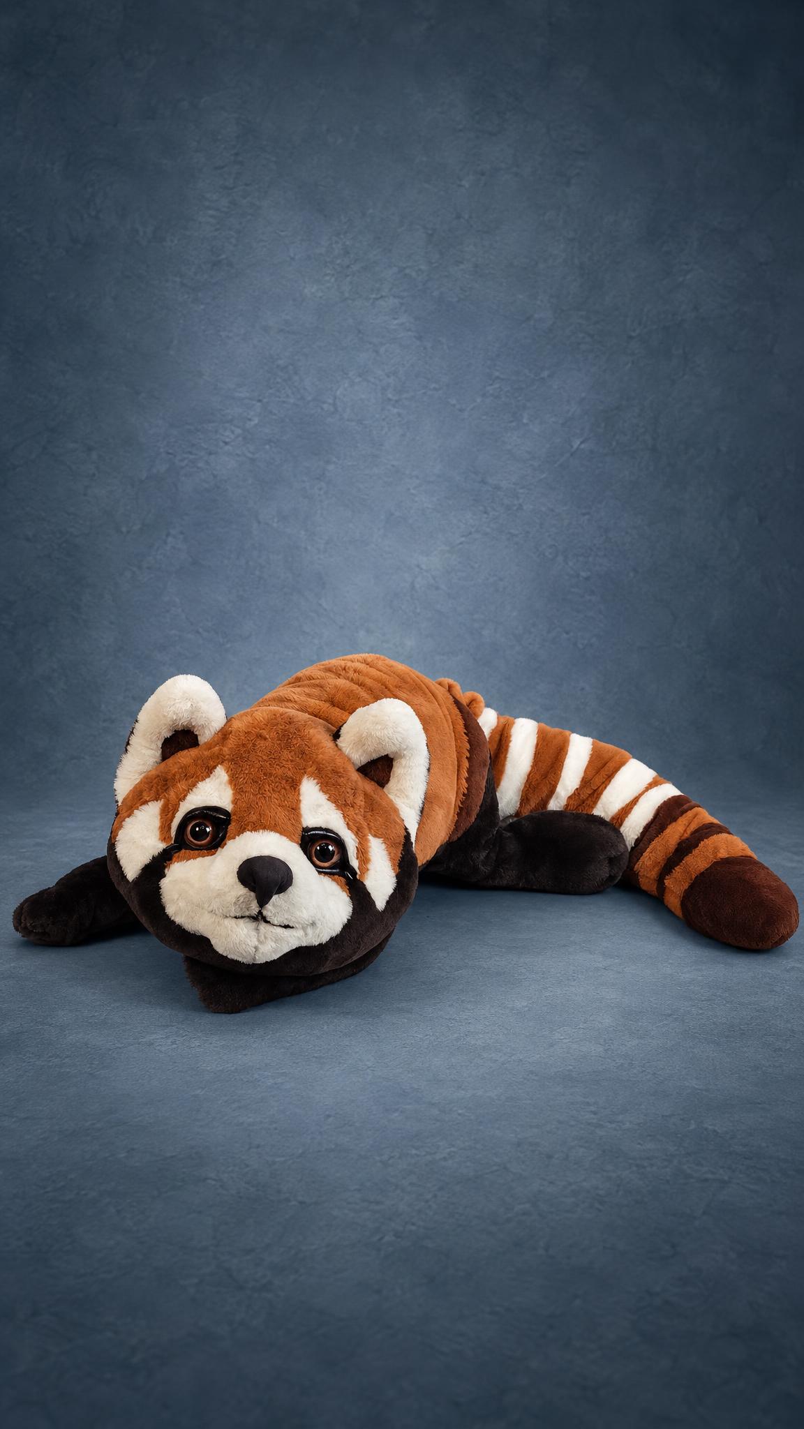 Custom red panda plush pillow made to order, lying flat with its long striped tail and dark brown paws