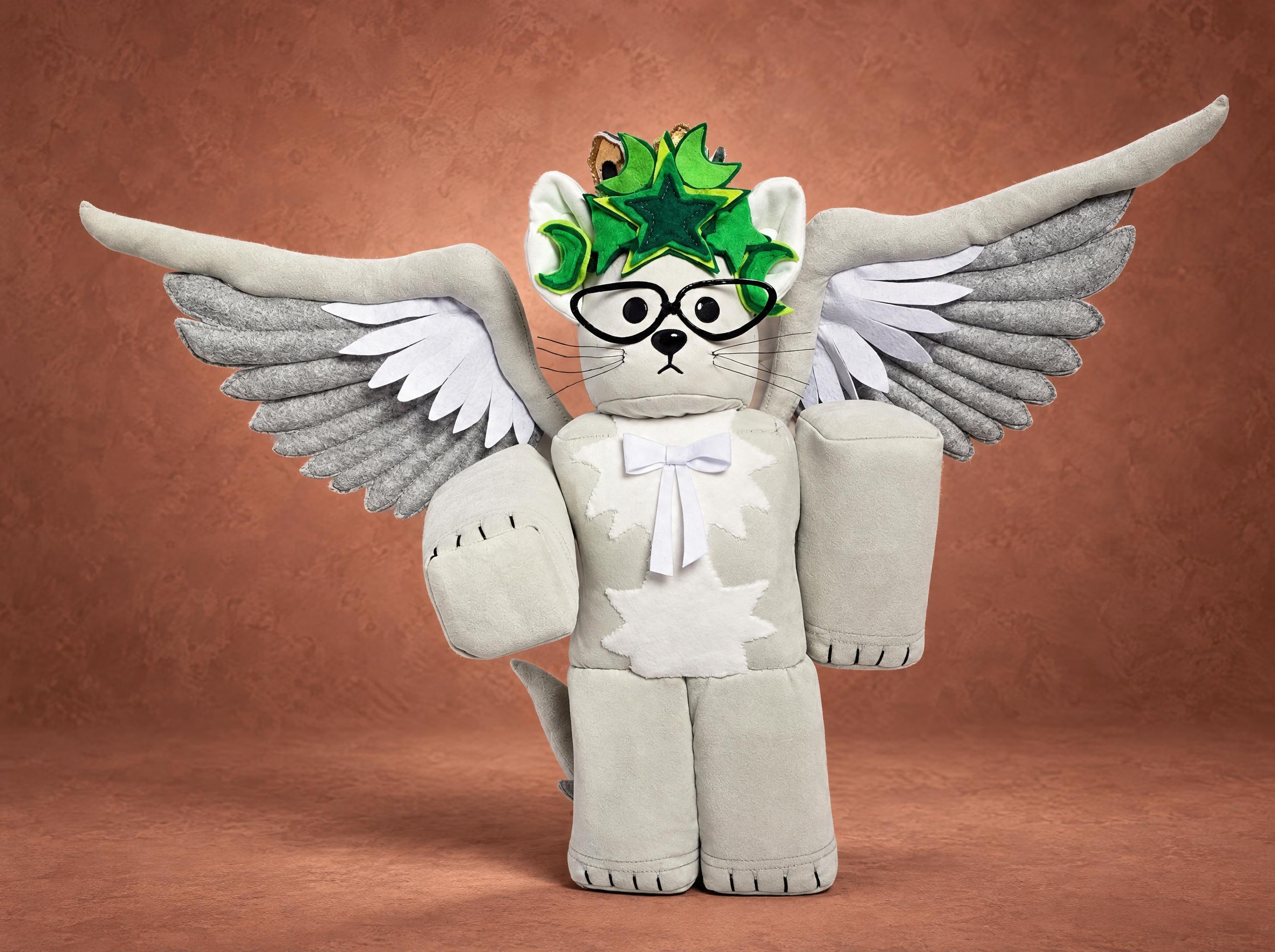 Custom Roblox plush of a cat avatar with grey and white angel wings, glasses and star crown, made to order