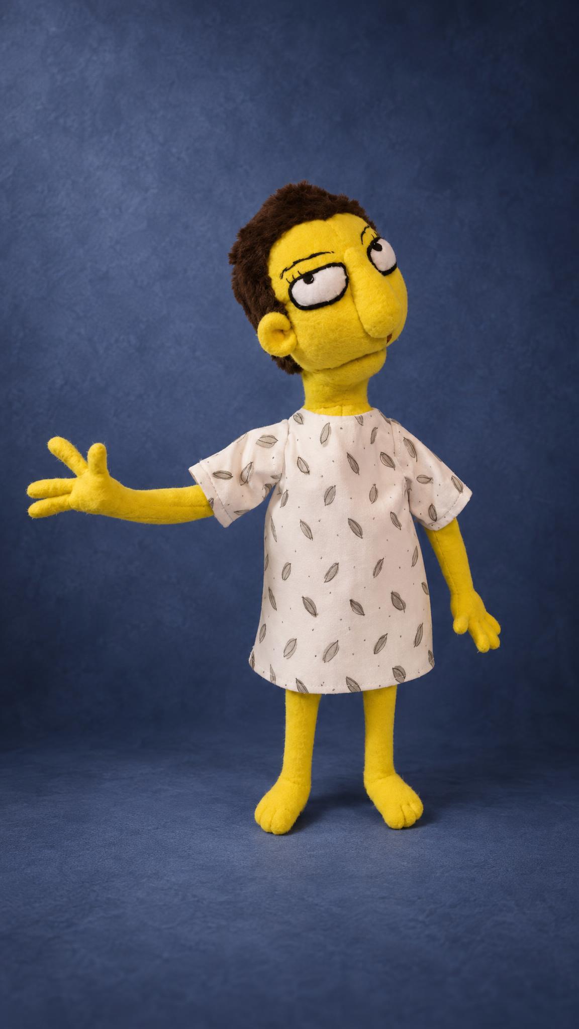Handmade Simpsons-style doll waving with four yellow fingers, sleepy black-outlined eyes, made to order