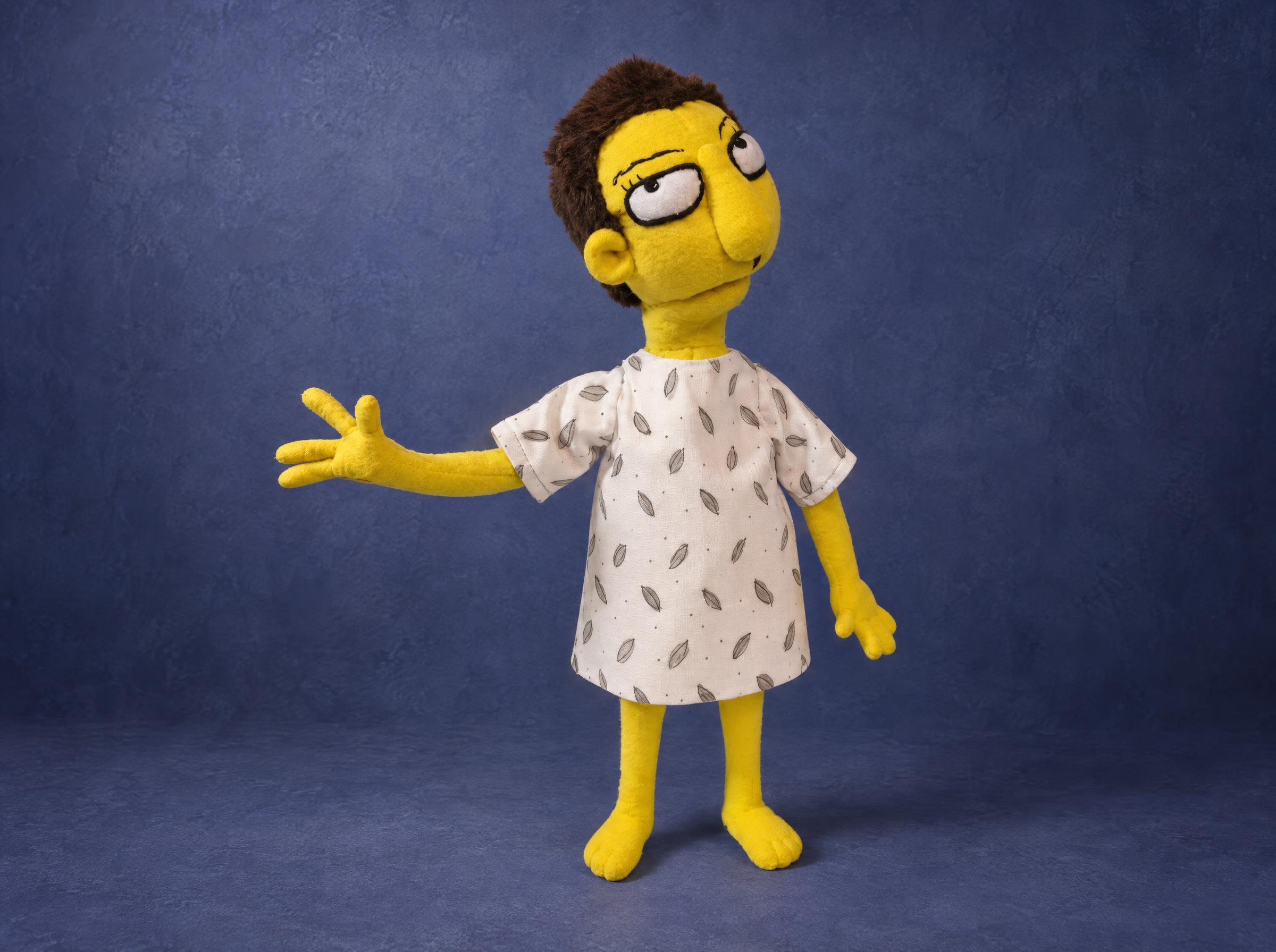 Custom Simpsons plush of a fan's own character, yellow skin, brown hair, leaf-print gown, handmade to order