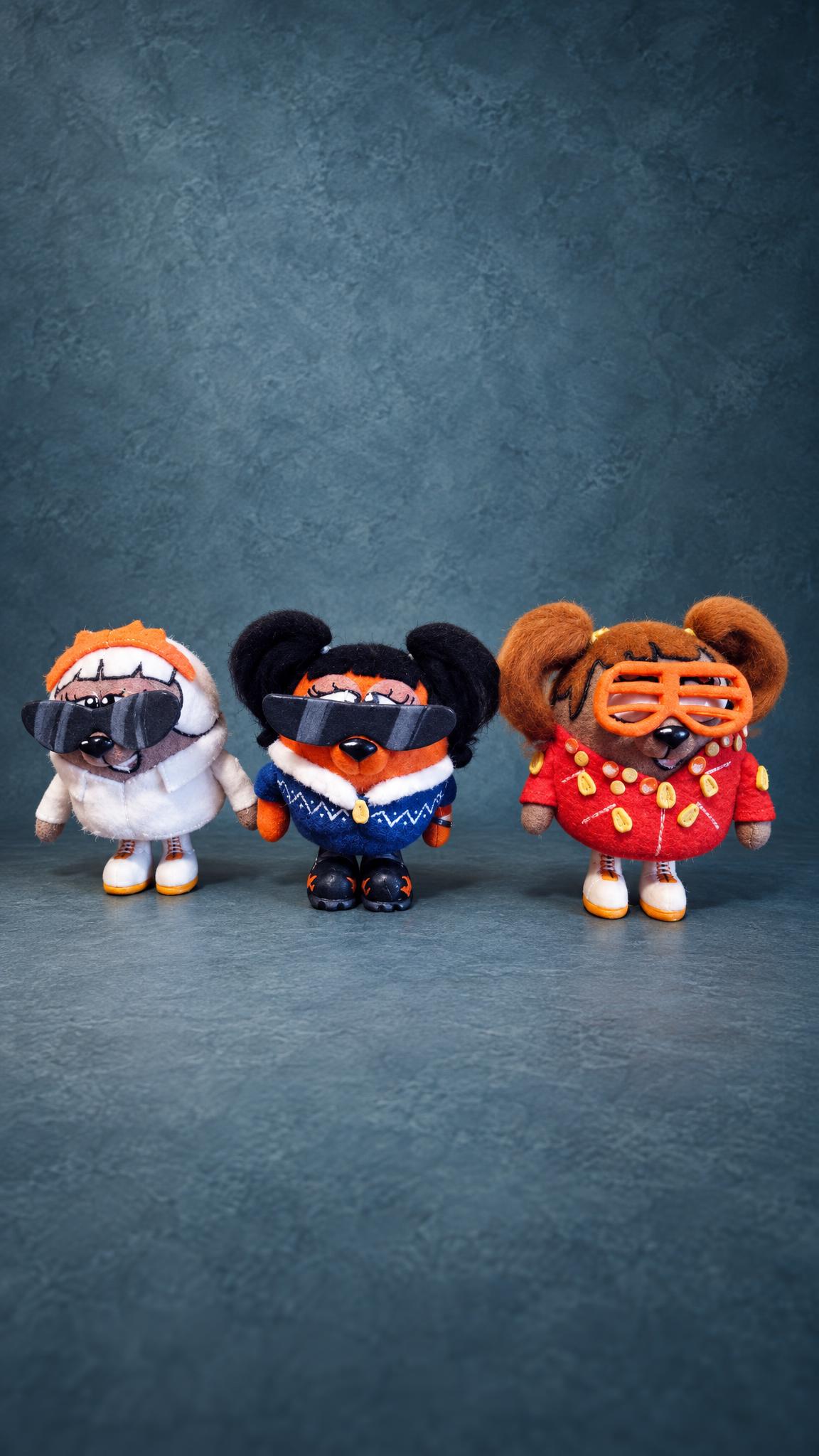 Custom Smeshariki plush trio, handmade to order: round KikoRiki-style toys in sunglasses and disco clothes