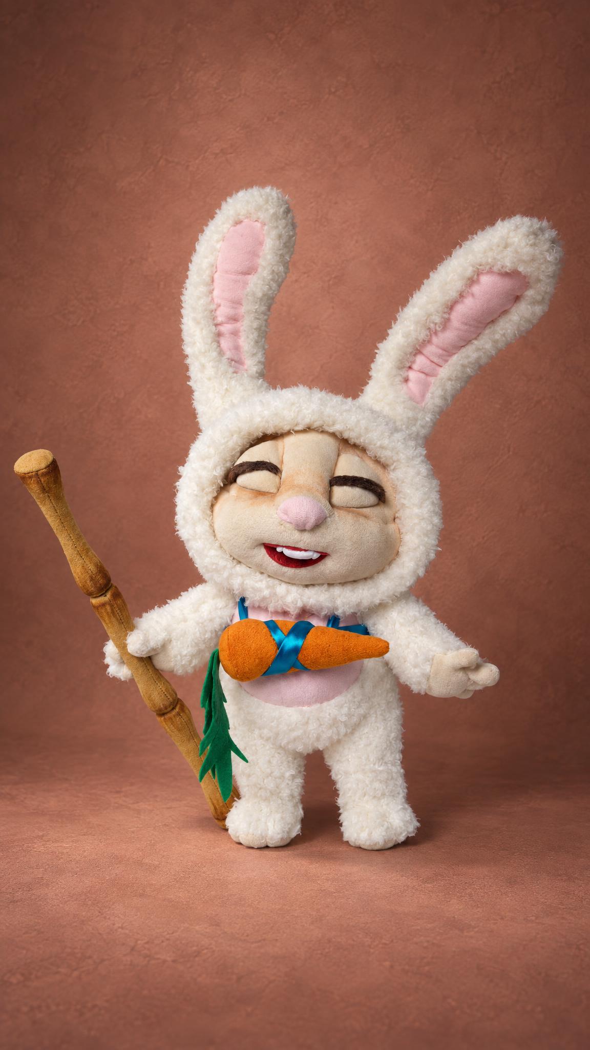 Custom Teemo bunny plush with closed eyes and a toothy grin, holding his blowgun, handmade League of Legends toy