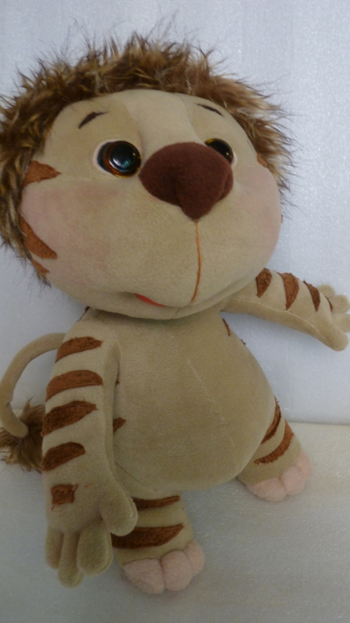 Custom tiger cub plush of Lala with a pink tongue, brown nose and faux fur mane, handmade to order