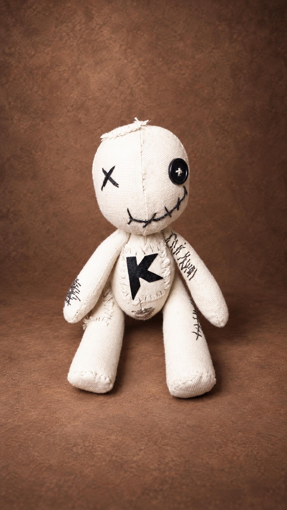Handmade voodoo doll plush with an X eye, black button eye and frayed K chest patch, made to order as merch
