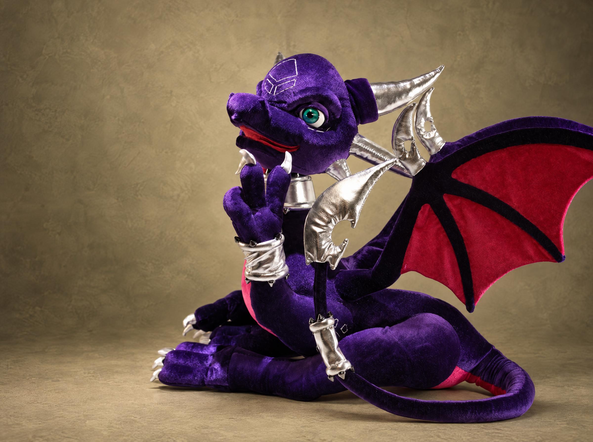 Legend of Spyro Cynder plush in purple velvet with crimson wings and silver horns, handmade to order