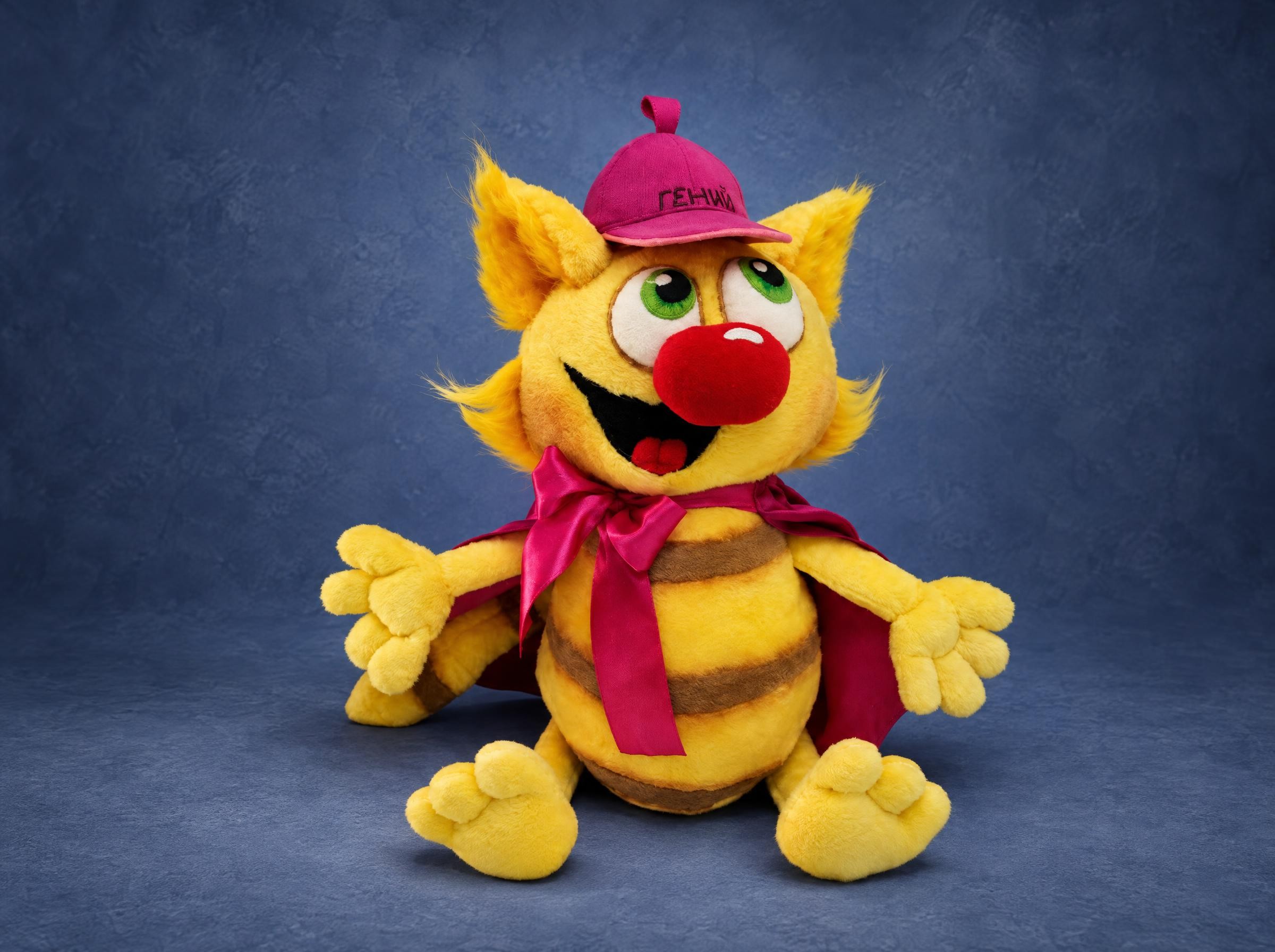 Da Vinci the cat plush in a magenta genius cap and satin cape, a book character plush sewn to order