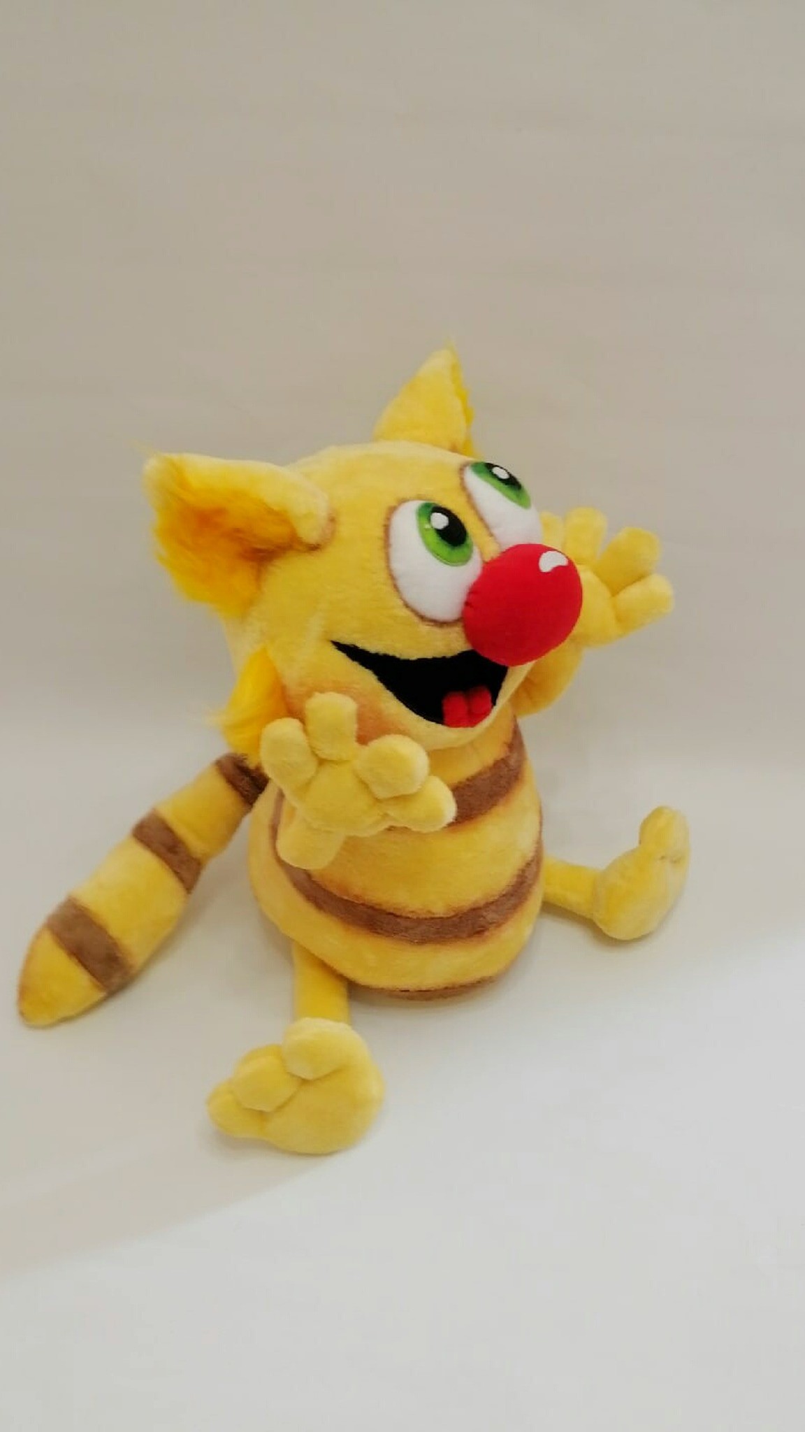 Yellow cat plush Da Vinci with a brown striped tail and red nose, book character sewn to order