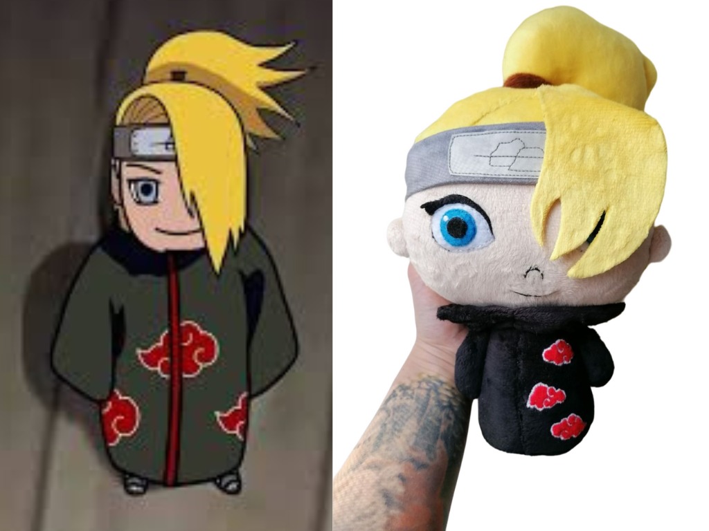 Chibi Deidara reference art next to the finished plush Chibi Deidara reference art the plush was sewn from, next to the finished custom Deidara plush