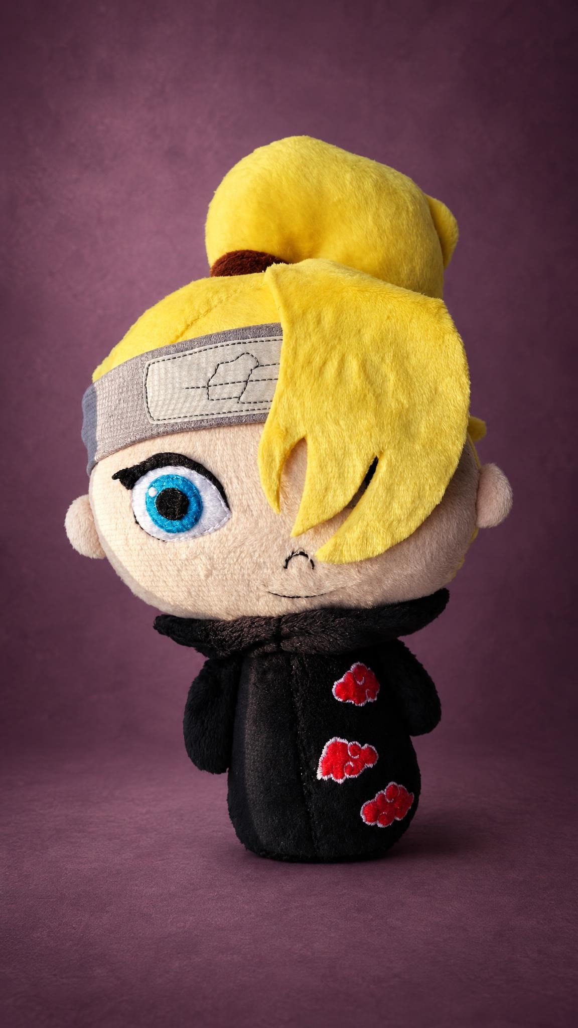 Handmade Deidara plush: yellow bang over one eye, Stone Village headband and three red Akatsuki clouds