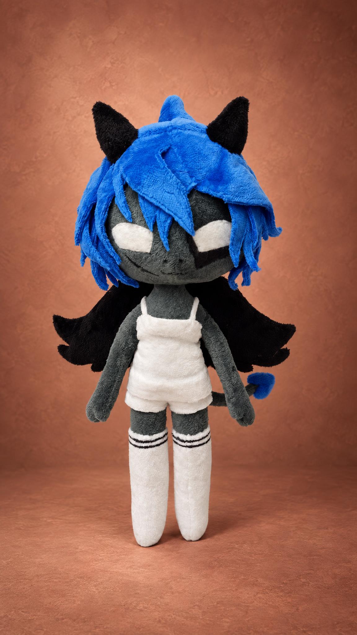 Demon girl plush Kayla, custom OC doll sewn to order: white eyes, blue ponytail, black wings and a grey tail
