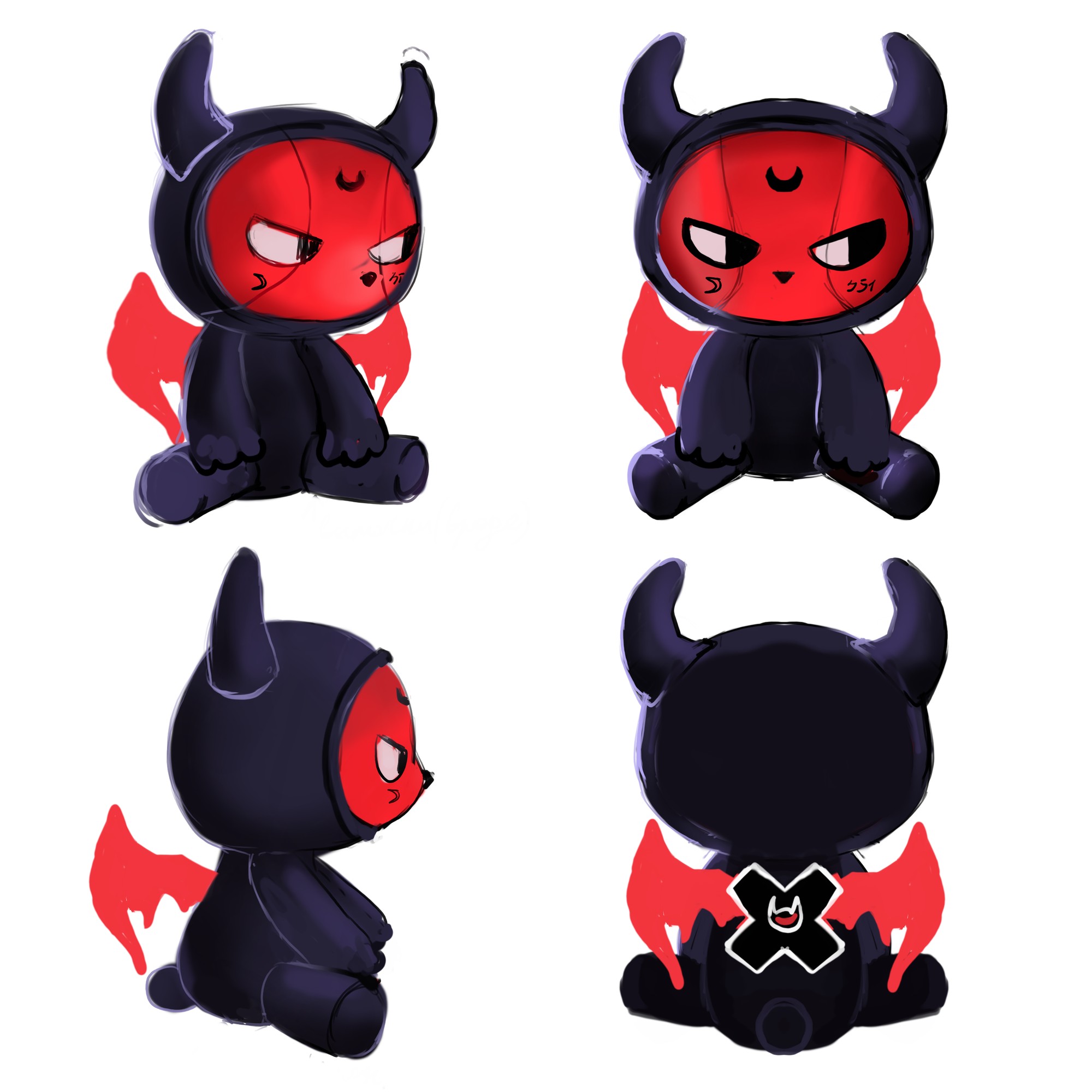 Client sketch for the devil plush mascot Reference sketch the client sent for the custom devil plush: red-faced horned devil drawn from four sides