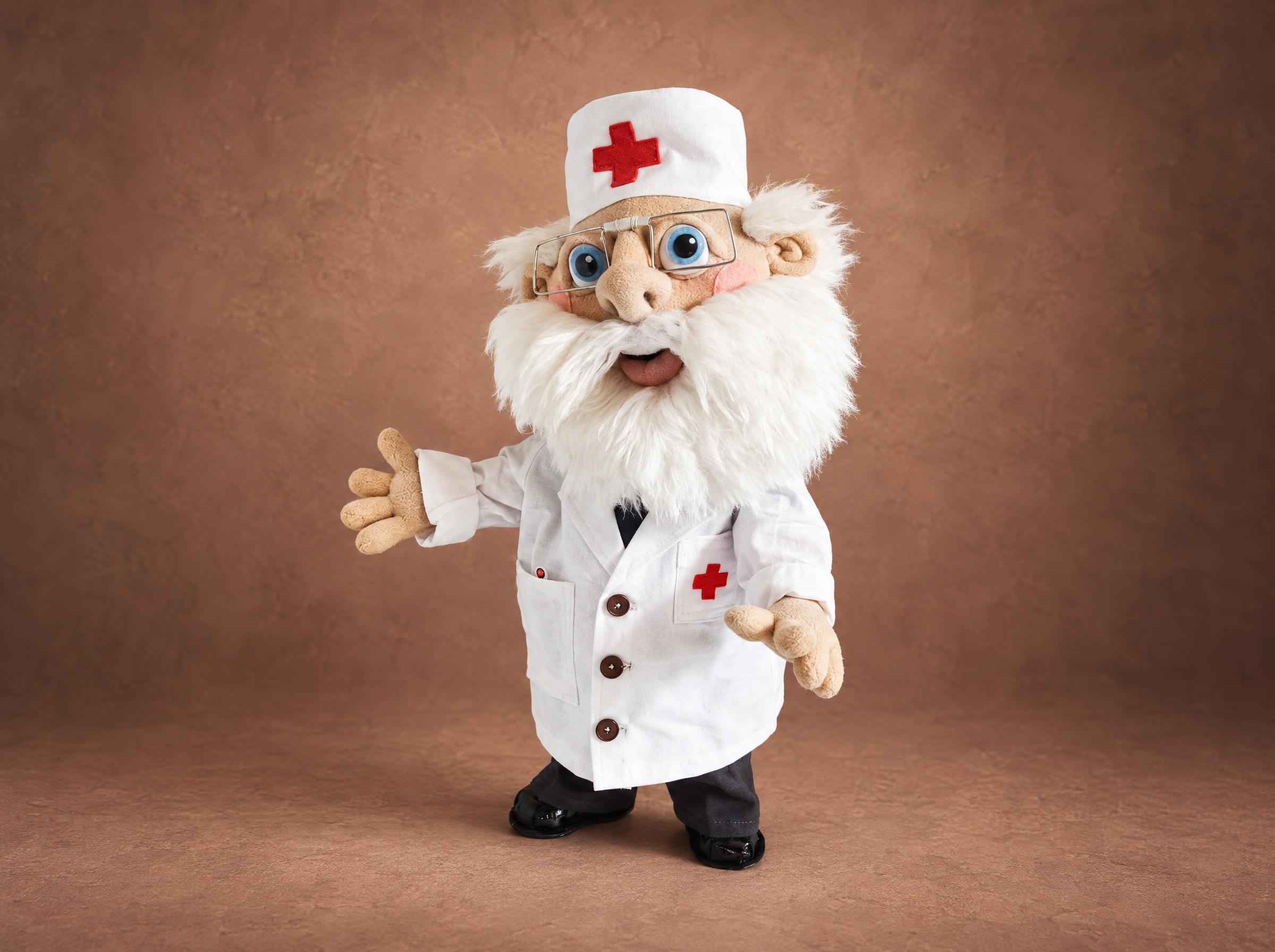 Handmade Doctor Aibolit doll from Chukovsky's tales, faux fur beard, wire glasses, red cross cap, made to order