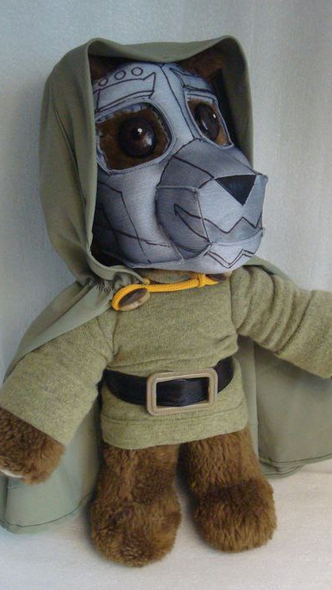 Doctor Doom bear plush mask with stitched plate lines and a jagged grille, custom Super Hero Squad fan toy