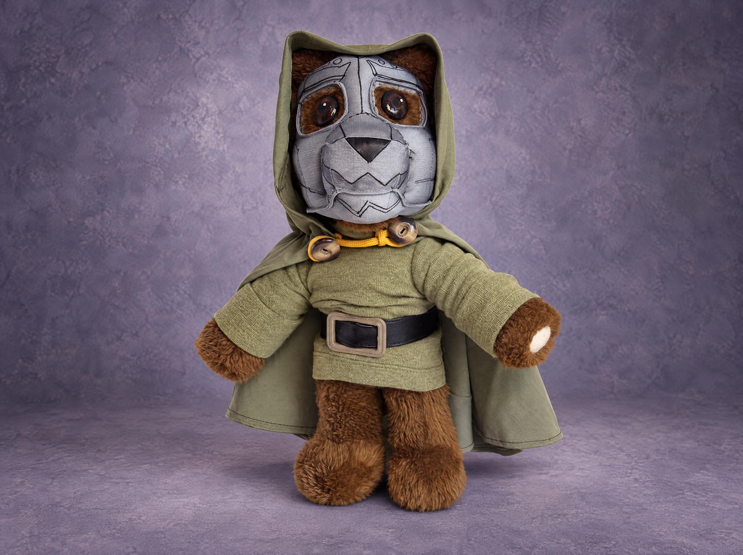 Doctor Doom teddy bear plush made to order: brown faux fur bear in a silver mask and green hooded cloak