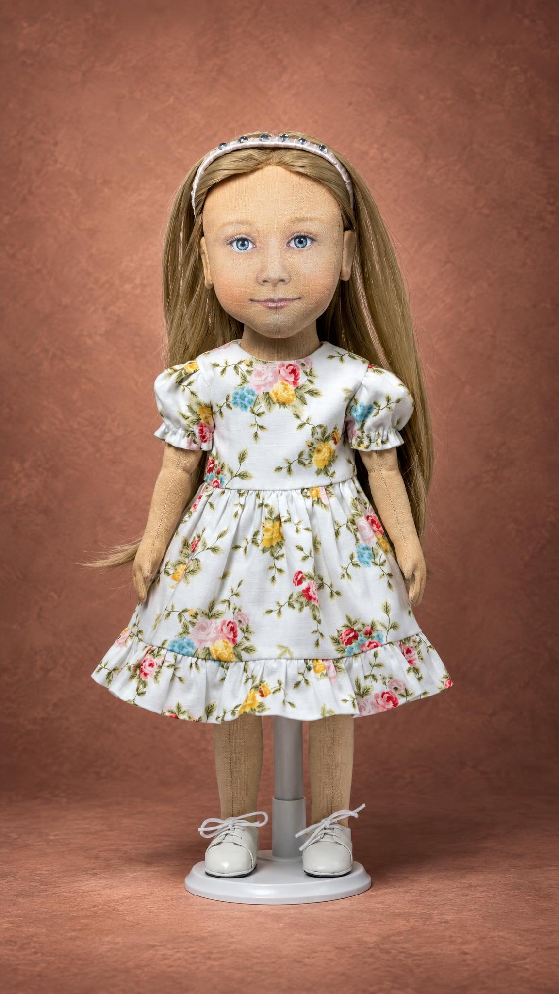 Doll that looks like a real girl: hand-painted cloth face, blue eyes, rose-print dress, custom made to order