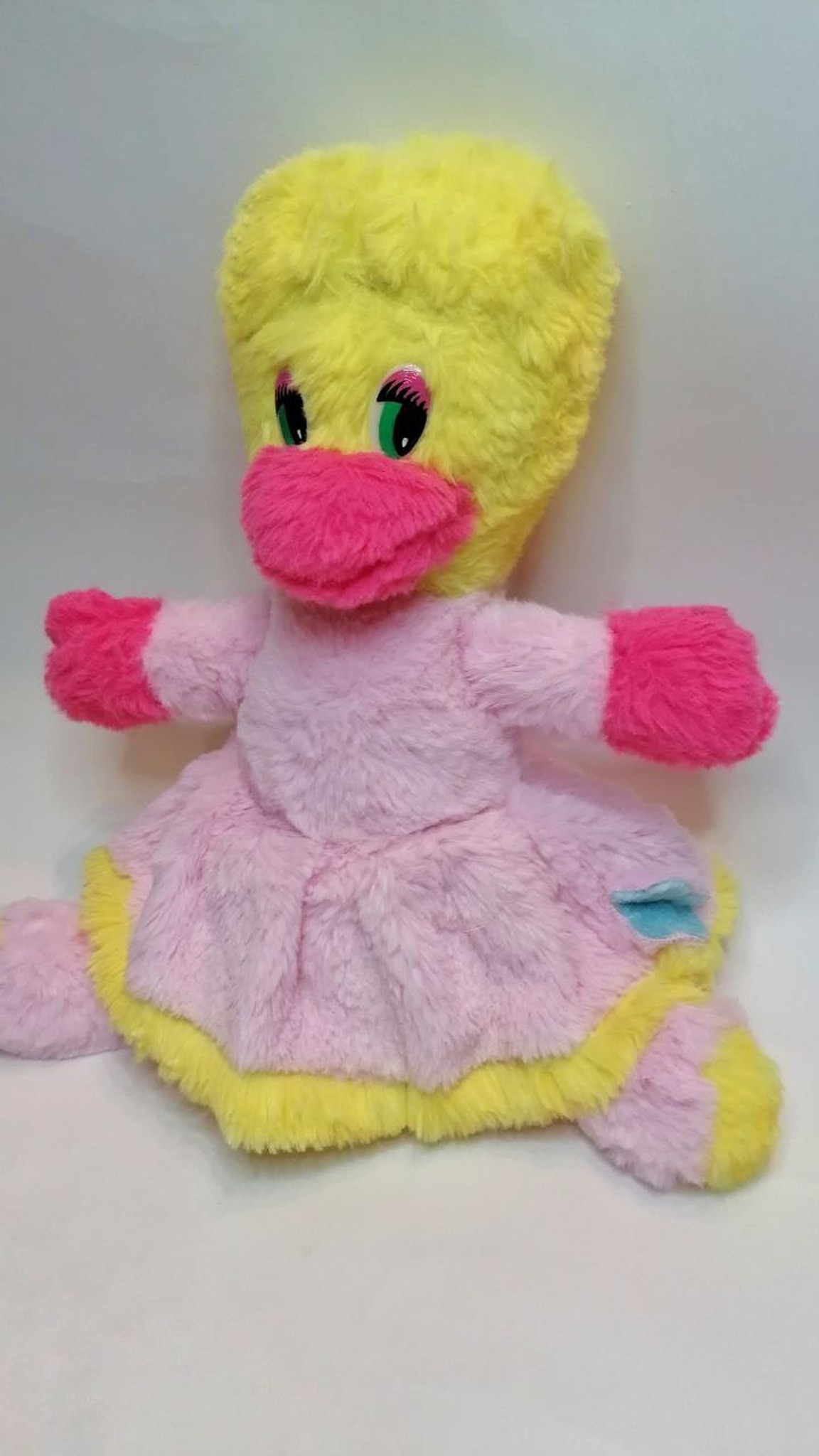 DuckTales Webby plush replica sewn to order: pink dress with yellow hem, hot-pink beak and mittens